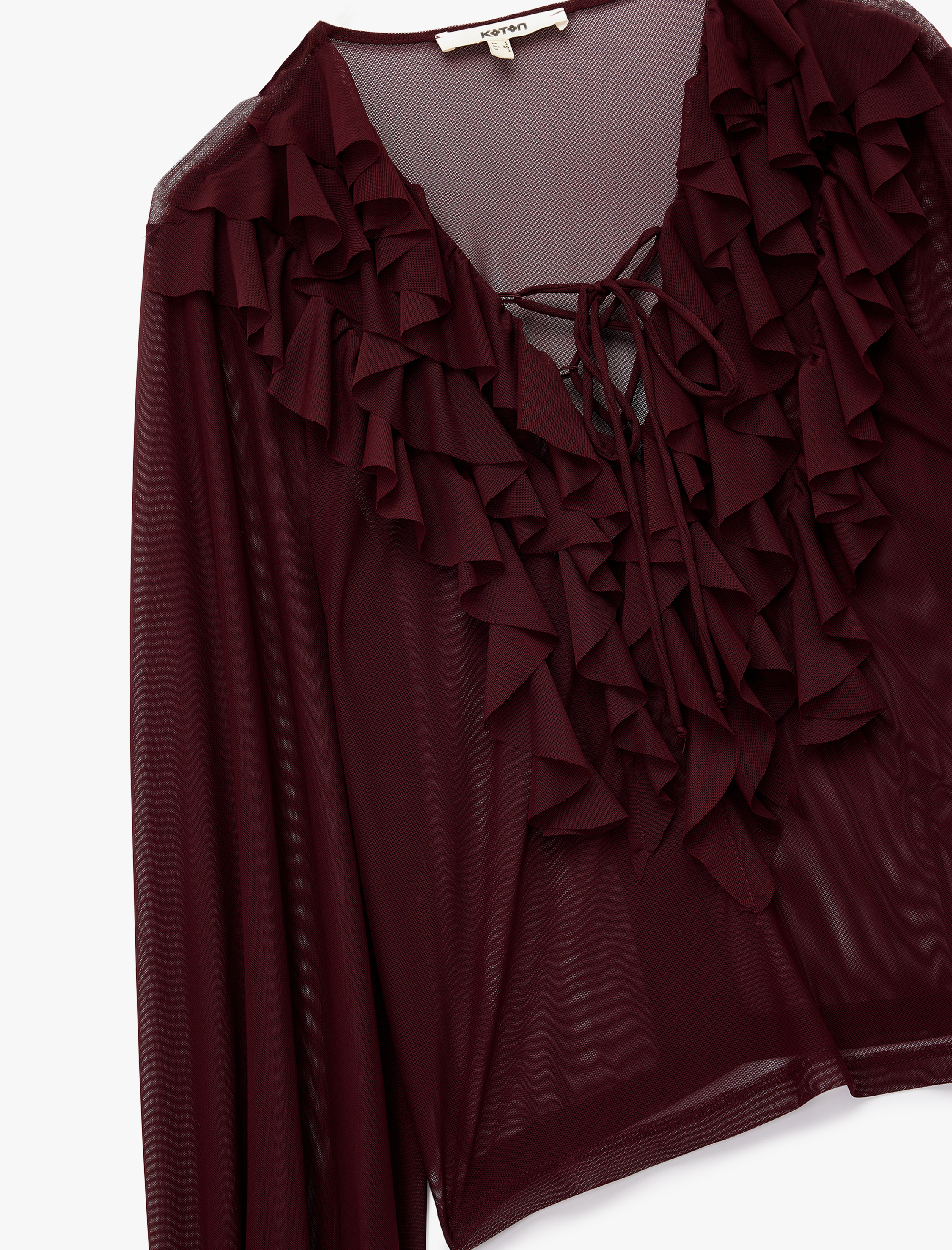   Transparan Uzun Kollu Bağlama Detaylı V Yaka Fırfırlı Bluz