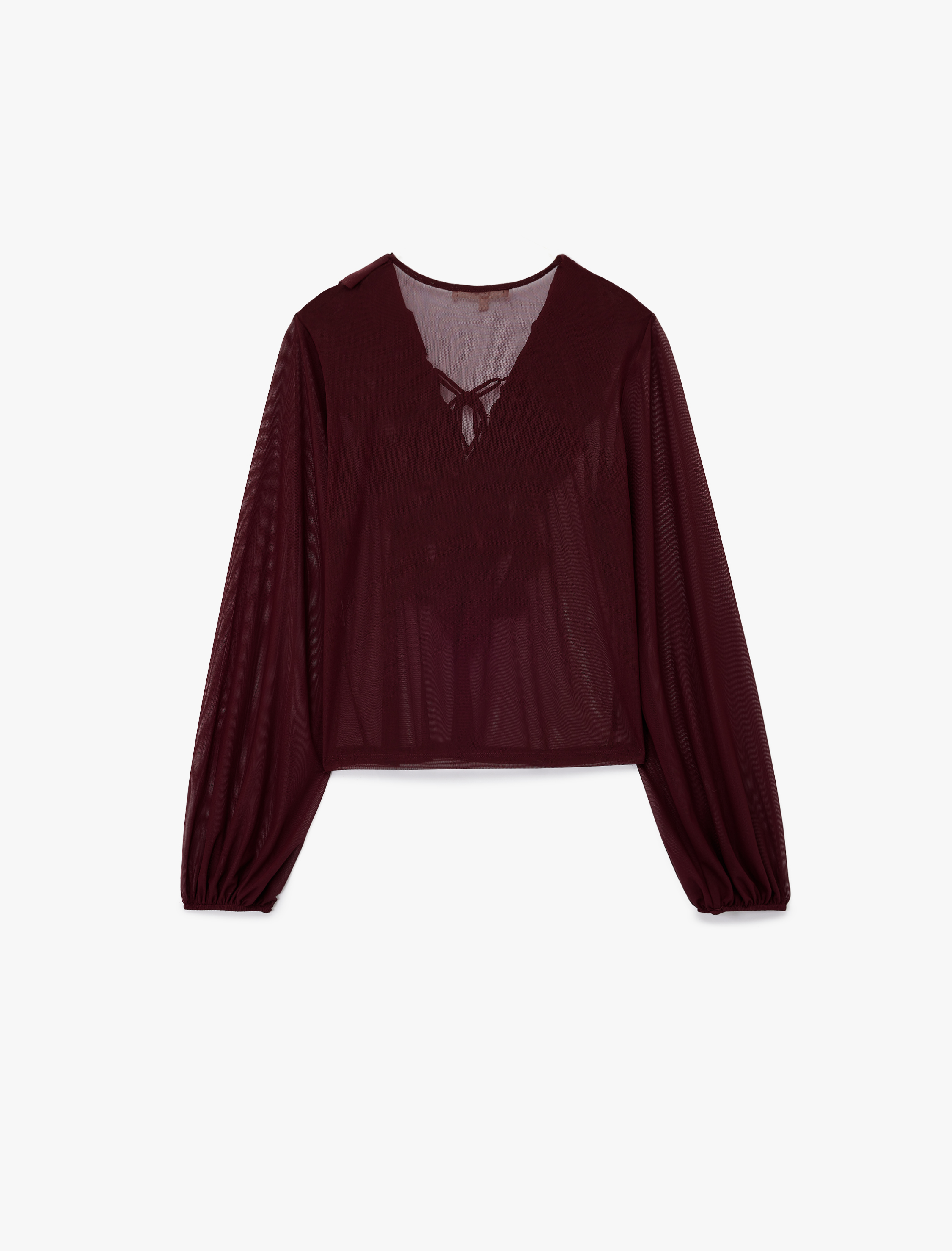   Transparan Uzun Kollu Bağlama Detaylı V Yaka Fırfırlı Bluz