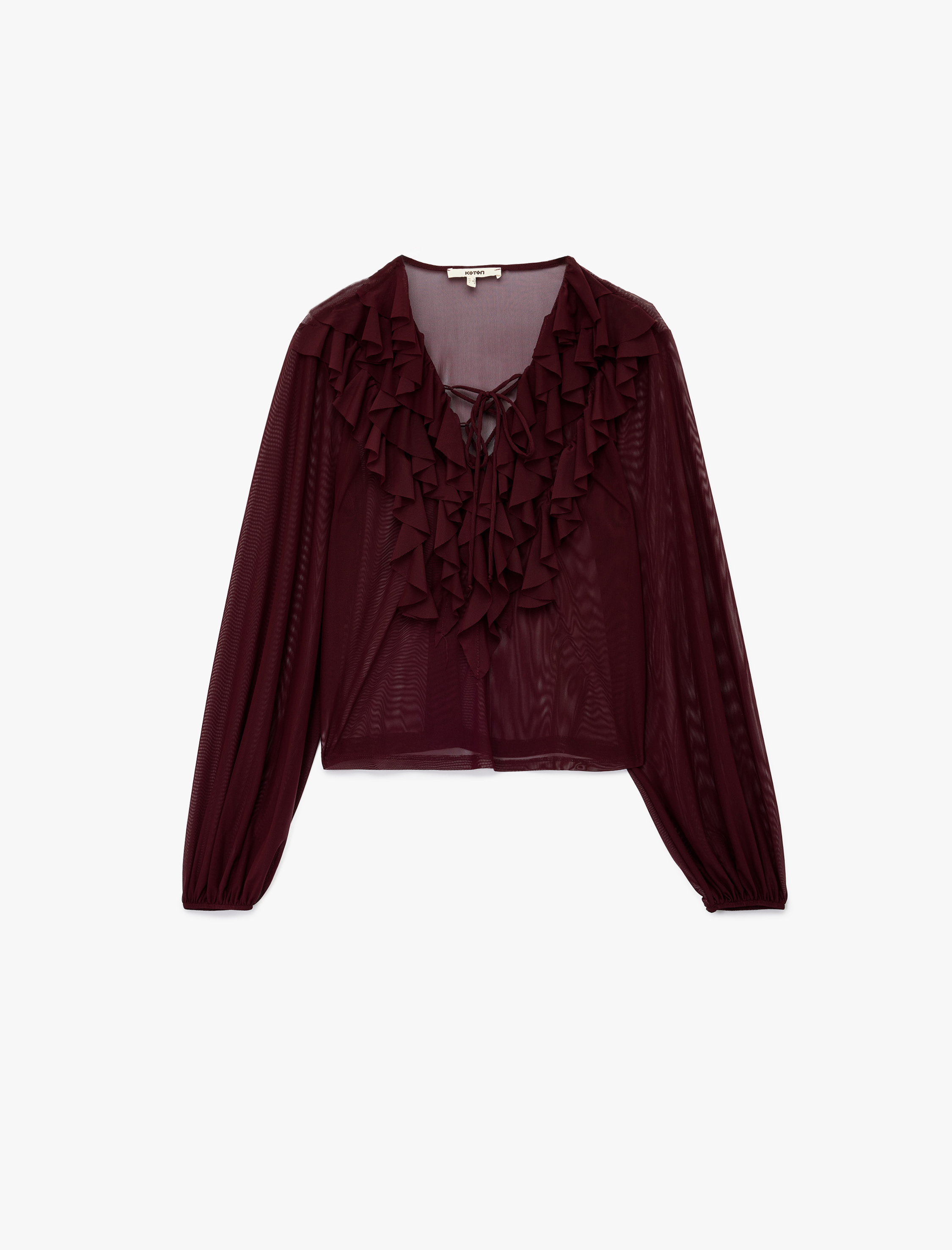   Transparan Uzun Kollu Bağlama Detaylı V Yaka Fırfırlı Bluz