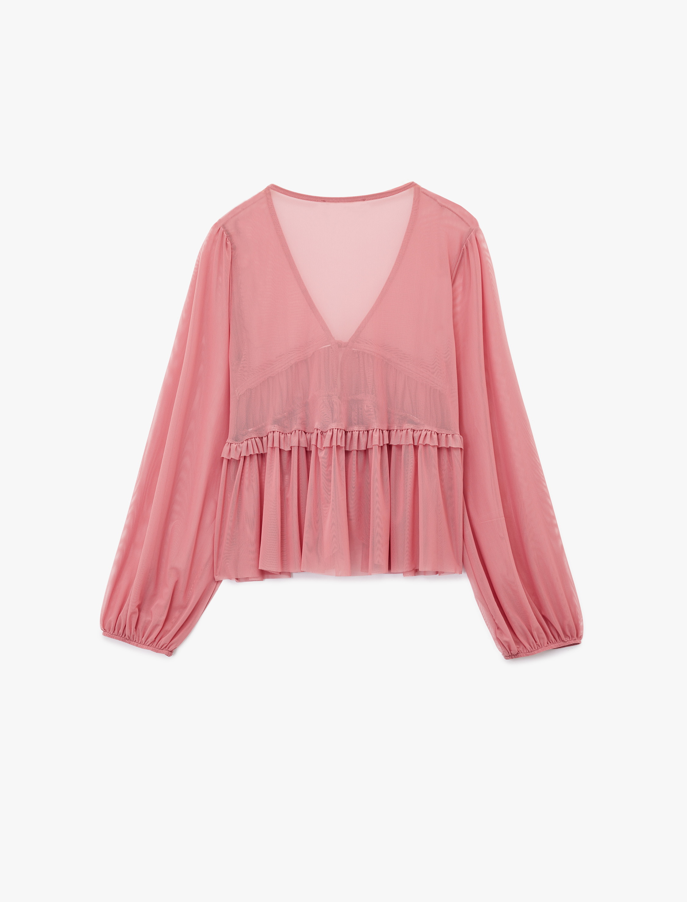   Uzun Kollu Bağlamalı Fiyonk Detaylı Yarı Transparan V Yaka Fırfırlı Bluz