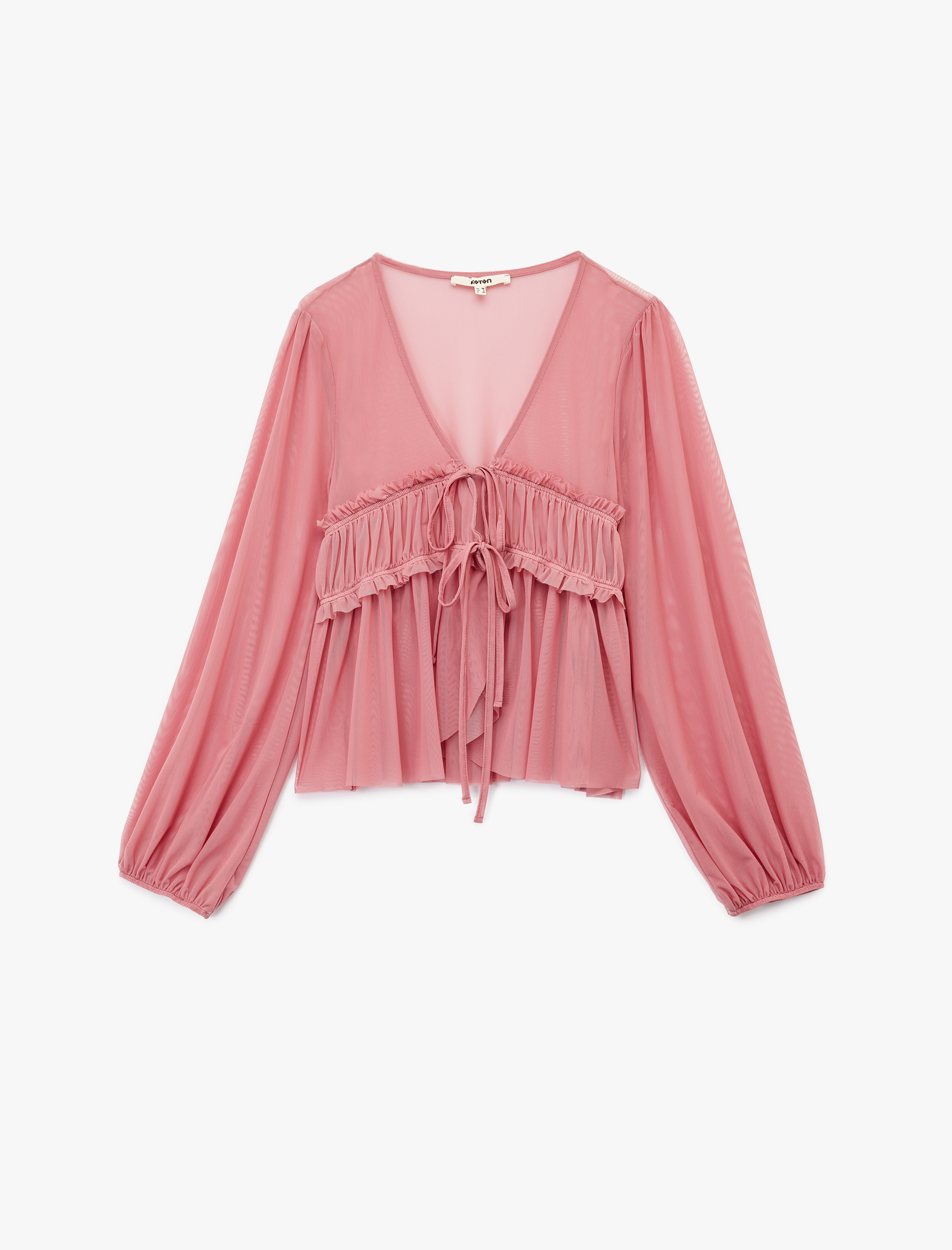   Uzun Kollu Bağlamalı Fiyonk Detaylı Yarı Transparan V Yaka Fırfırlı Bluz