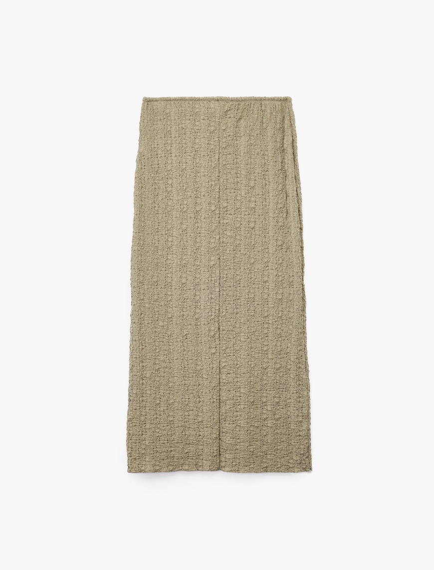   Beli Bağcıklı Slim Fit Bürümcük Kumaş Dokulu Midi Kalem Etek