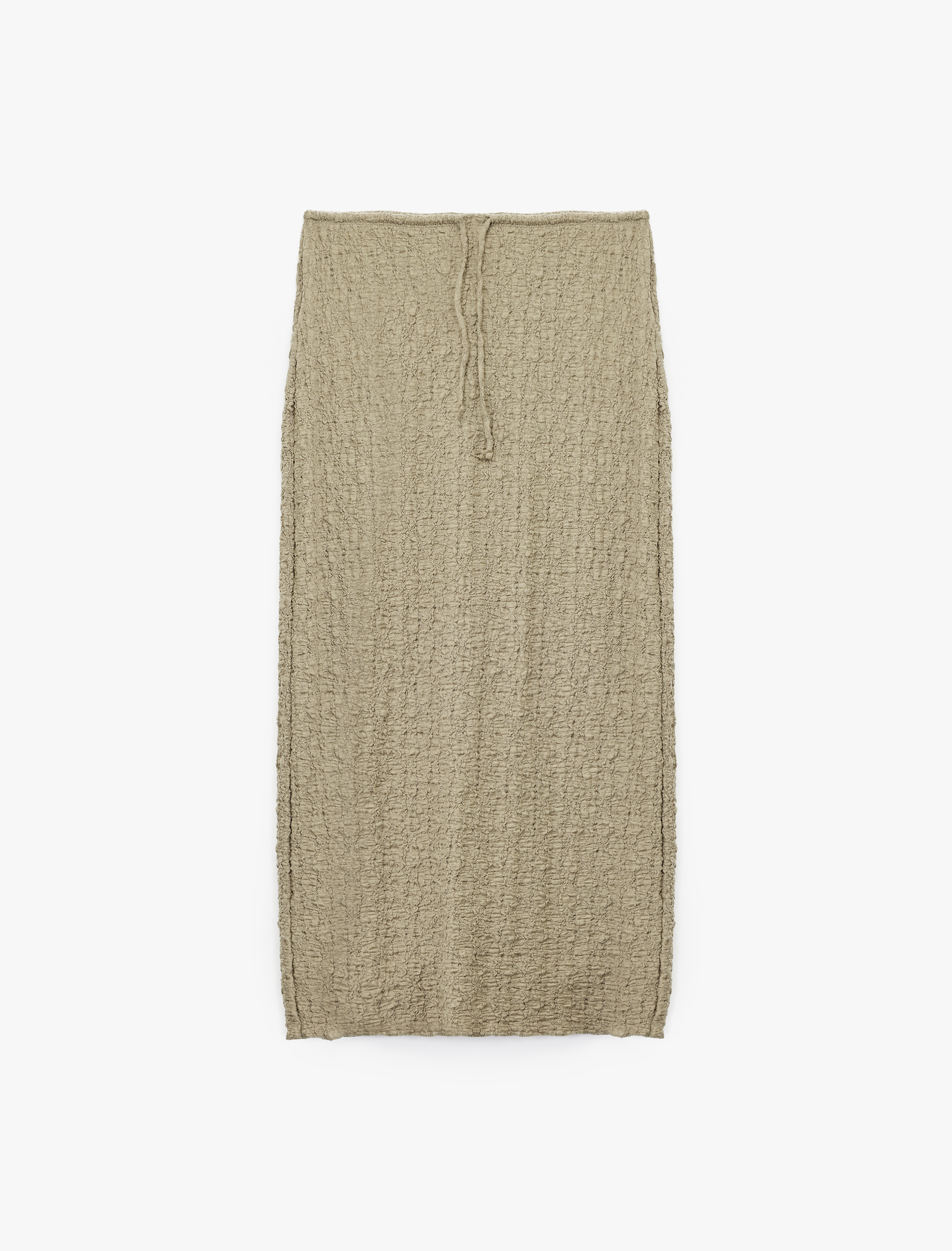   Beli Bağcıklı Slim Fit Bürümcük Kumaş Dokulu Midi Kalem Etek