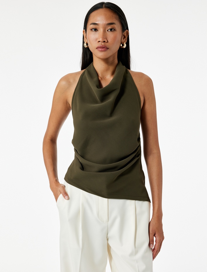  Kolsuz Sırt Dekolteli Drapeli Asimetrik Degaje Yaka Bluz