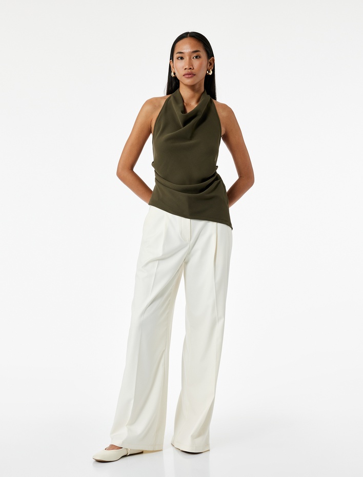  Kolsuz Sırt Dekolteli Drapeli Asimetrik Degaje Yaka Bluz