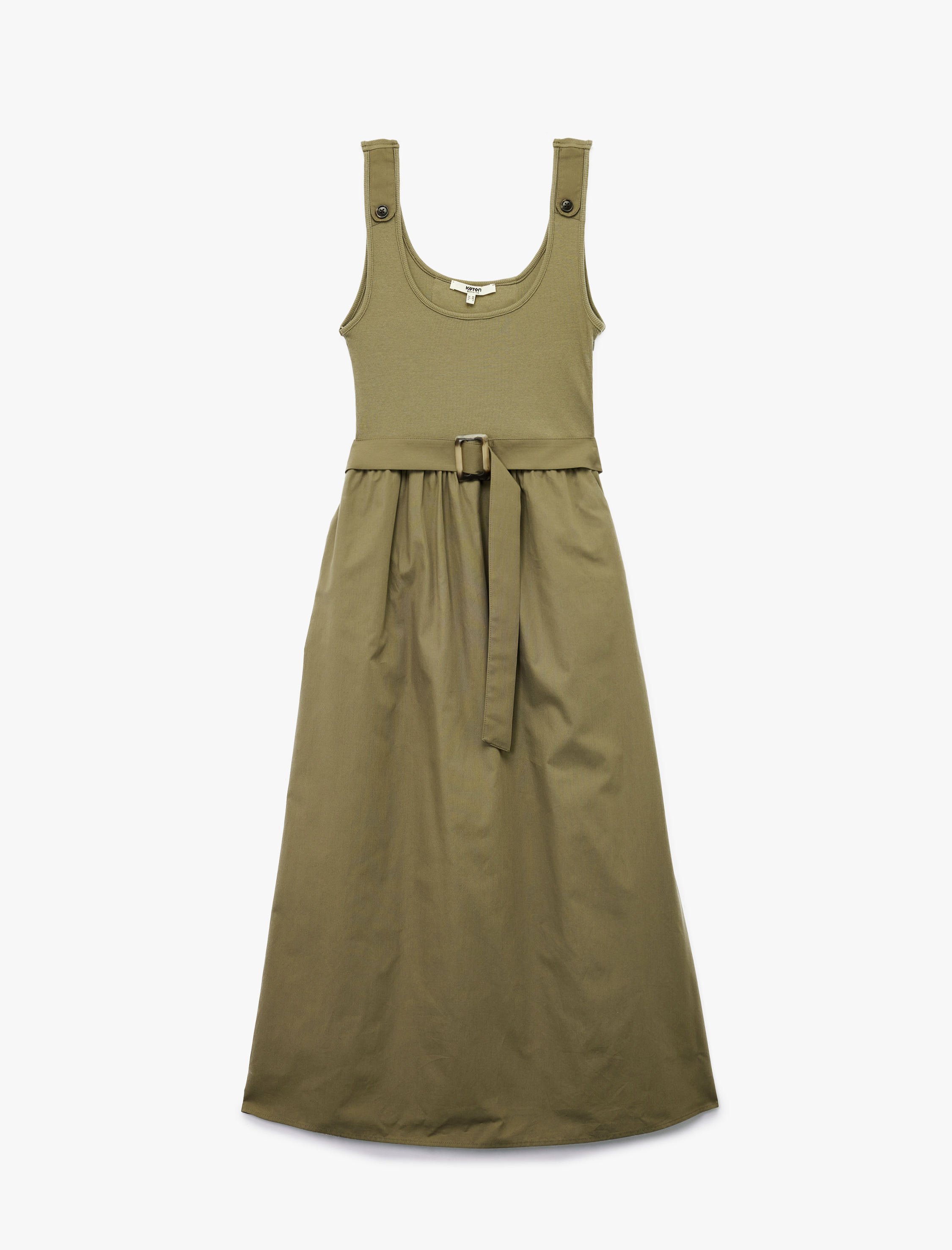   İki Farklı Kumaş Kullanımlı A Kesim Kemerli Kalın Askılı Midi Boy Poplin Elbise