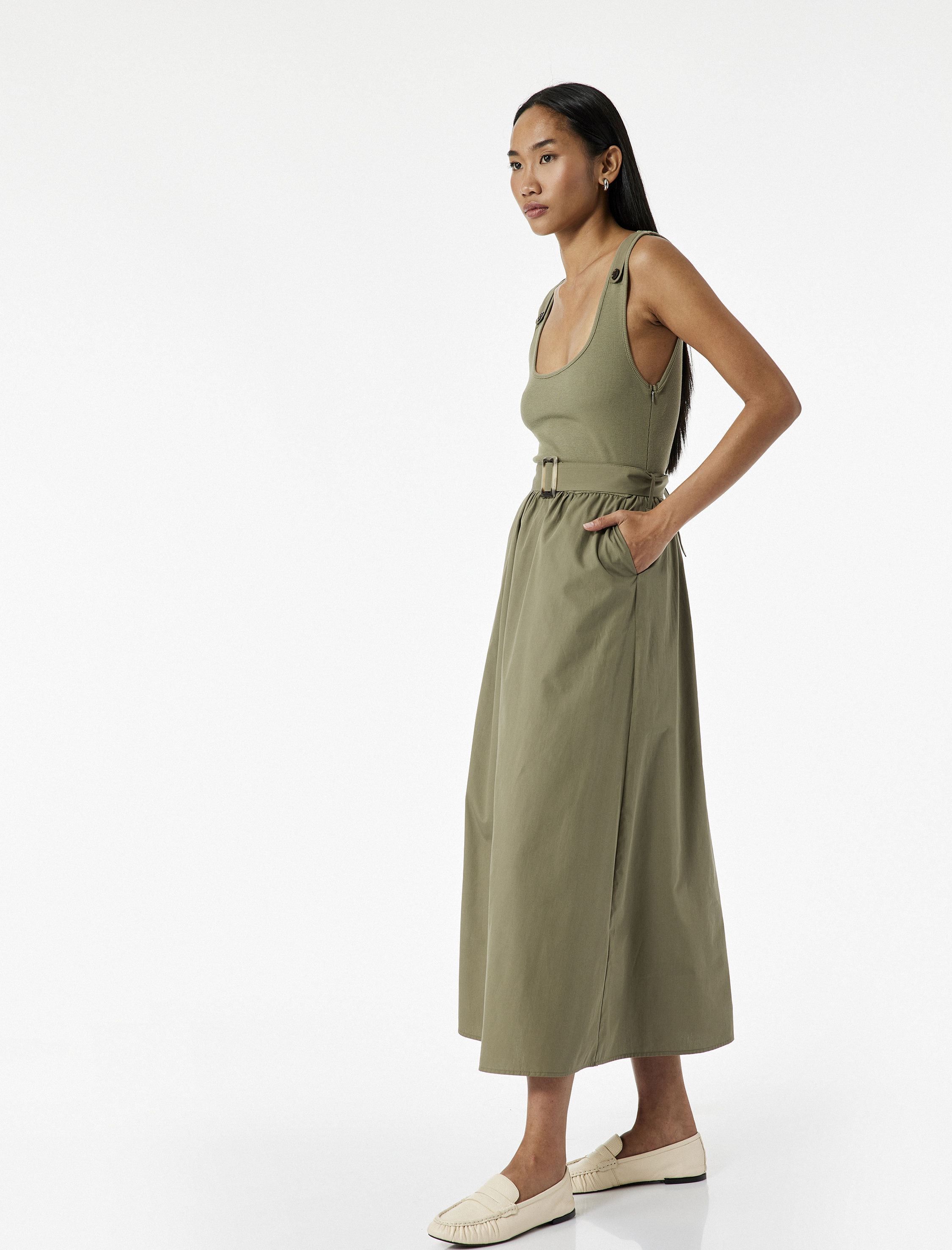   İki Farklı Kumaş Kullanımlı A Kesim Kemerli Kalın Askılı Midi Boy Poplin Elbise