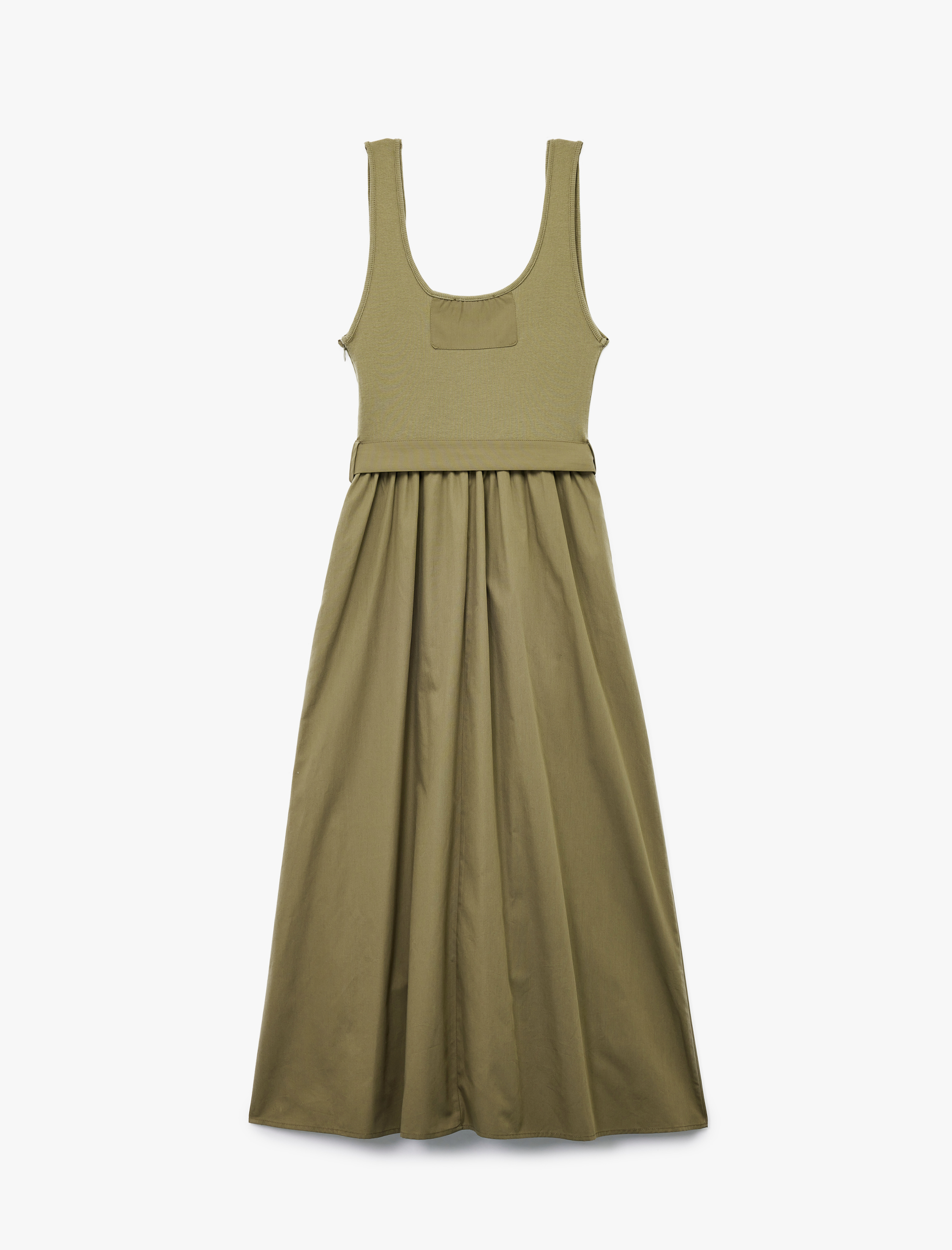   İki Farklı Kumaş Kullanımlı A Kesim Kemerli Kalın Askılı Midi Boy Poplin Elbise