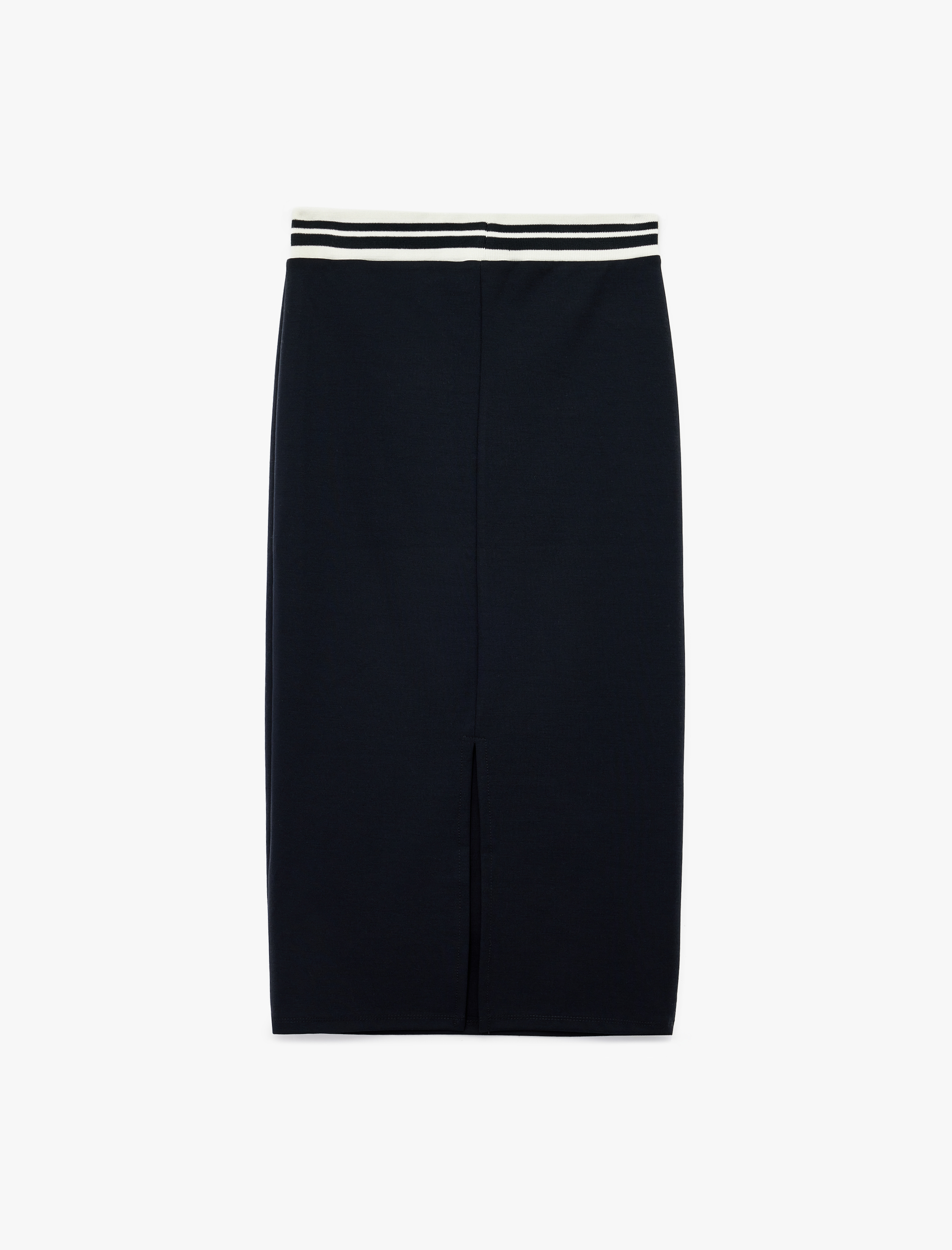 Beli Çizgili Lastik Detaylı Midi Slim Fit Kalem Etek