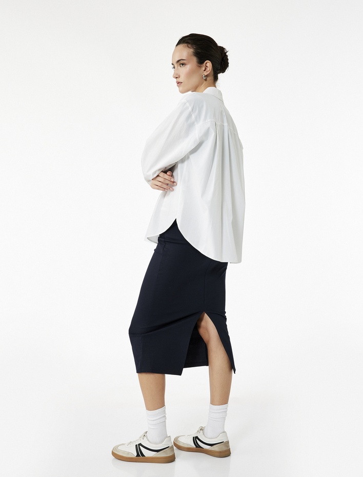  Beli Çizgili Lastik Detaylı Midi Slim Fit Kalem Etek