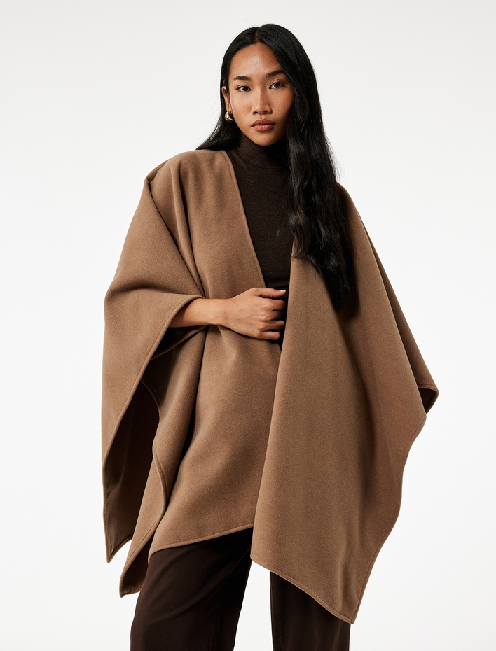  Şal Yaka Yarım Yarasa Kol Kaşe Görünümlü Panço