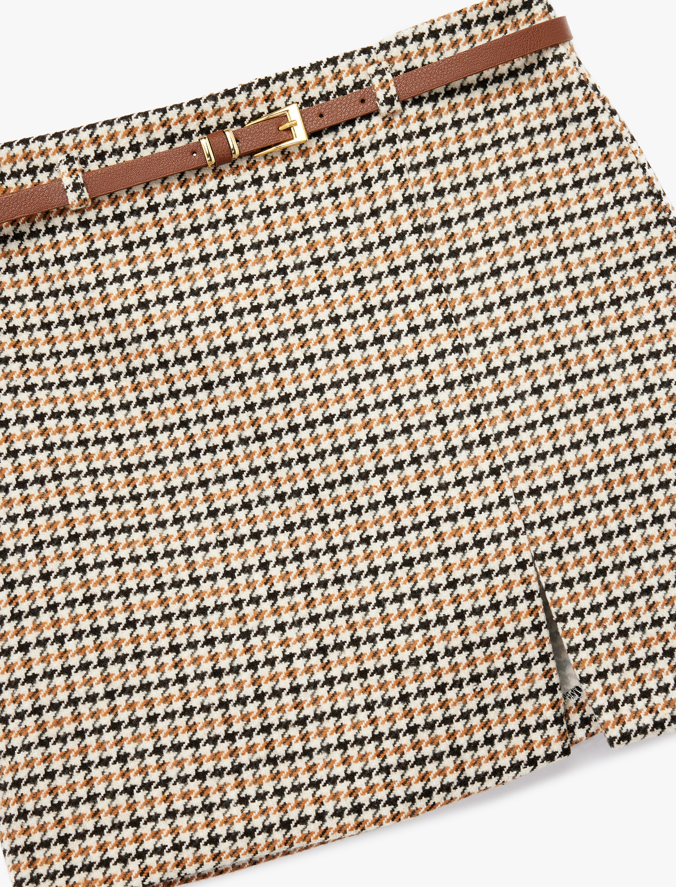   Kazayağı Desenli A Kesim Yüksek Bel Kemerli Tüvit Mini Etek