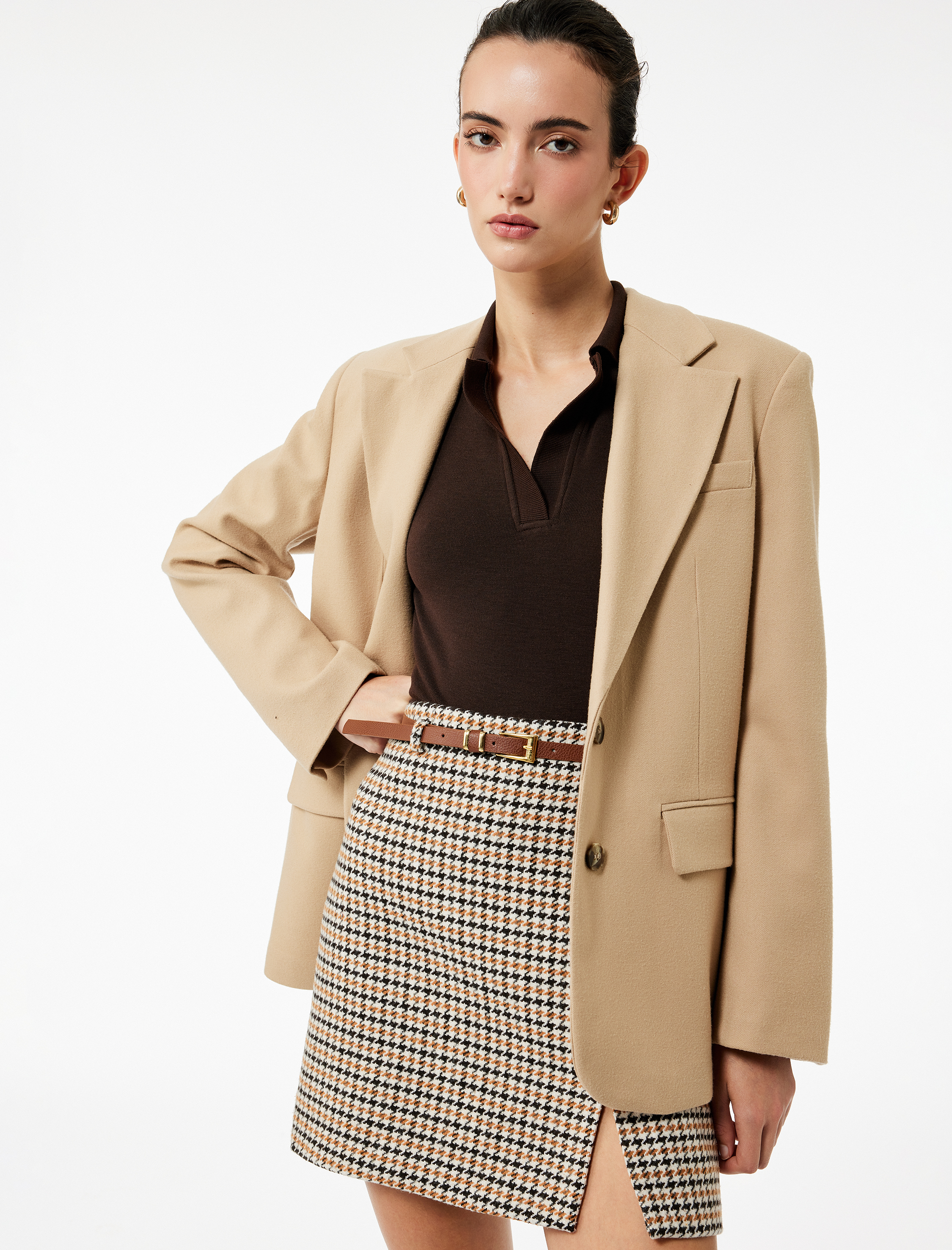   Kazayağı Desenli A Kesim Yüksek Bel Kemerli Tüvit Mini Etek