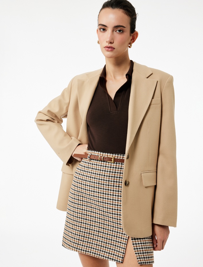  Kazayağı Desenli A Kesim Yüksek Bel Kemerli Tüvit Mini Etek