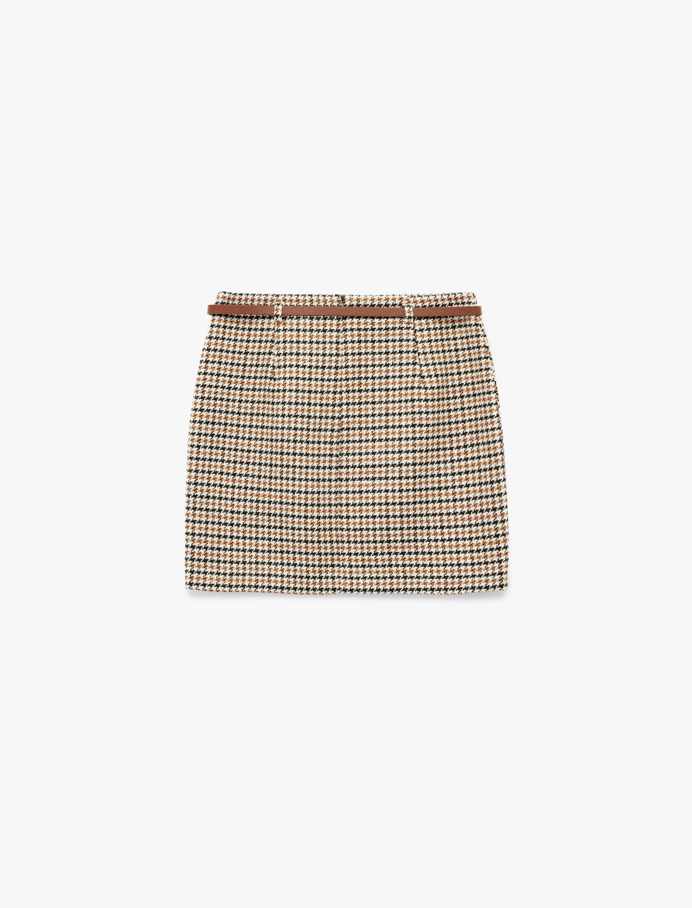   Kazayağı Desenli A Kesim Yüksek Bel Kemerli Tüvit Mini Etek