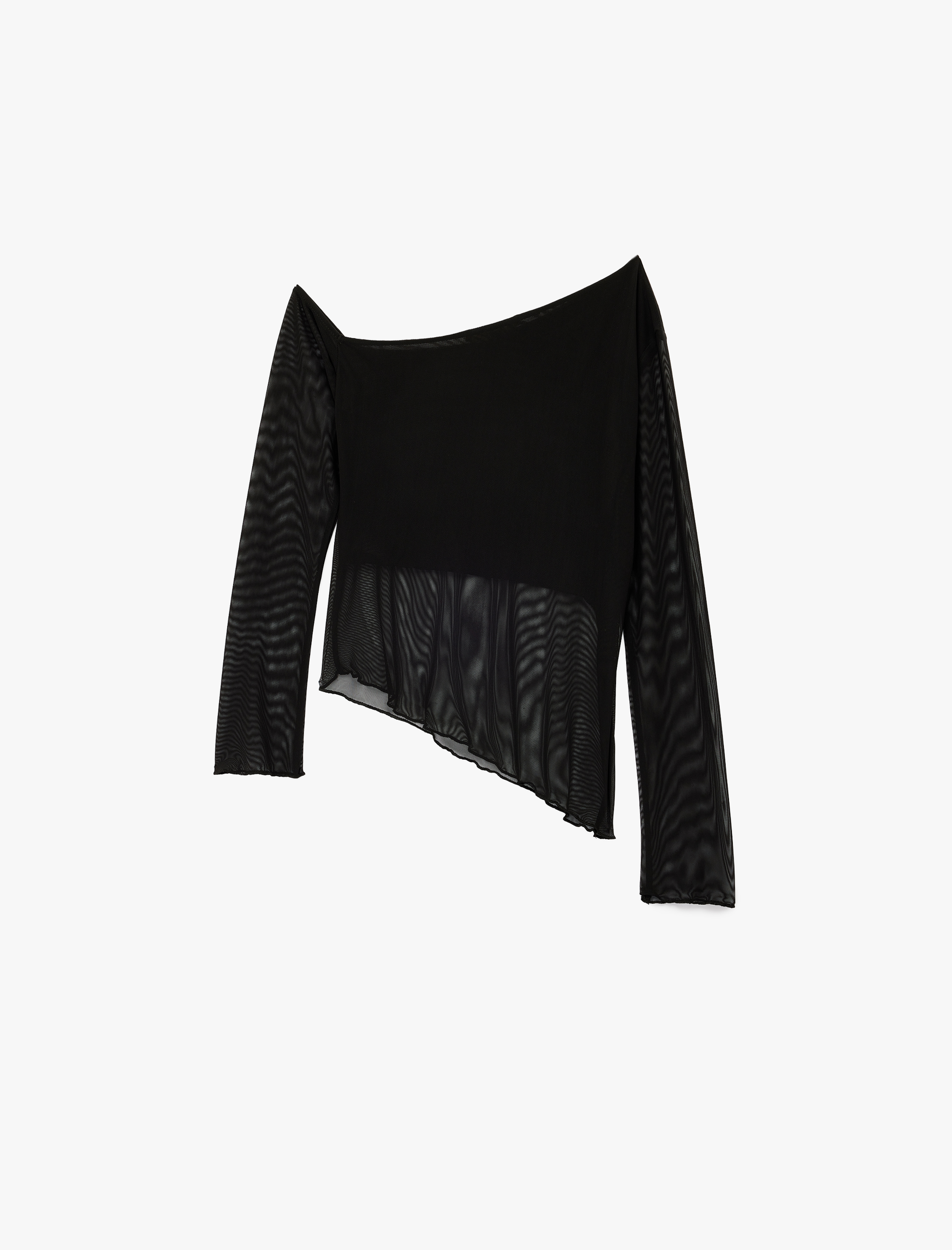   Asimetrik Kesim Astarlı Uzun Kollu Tül Tişört