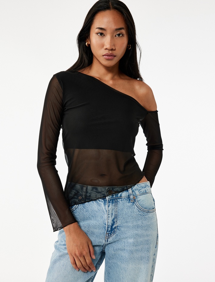  Asimetrik Kesim Astarlı Uzun Kollu Tül Tişört