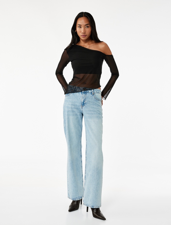  Asimetrik Kesim Astarlı Uzun Kollu Tül Tişört