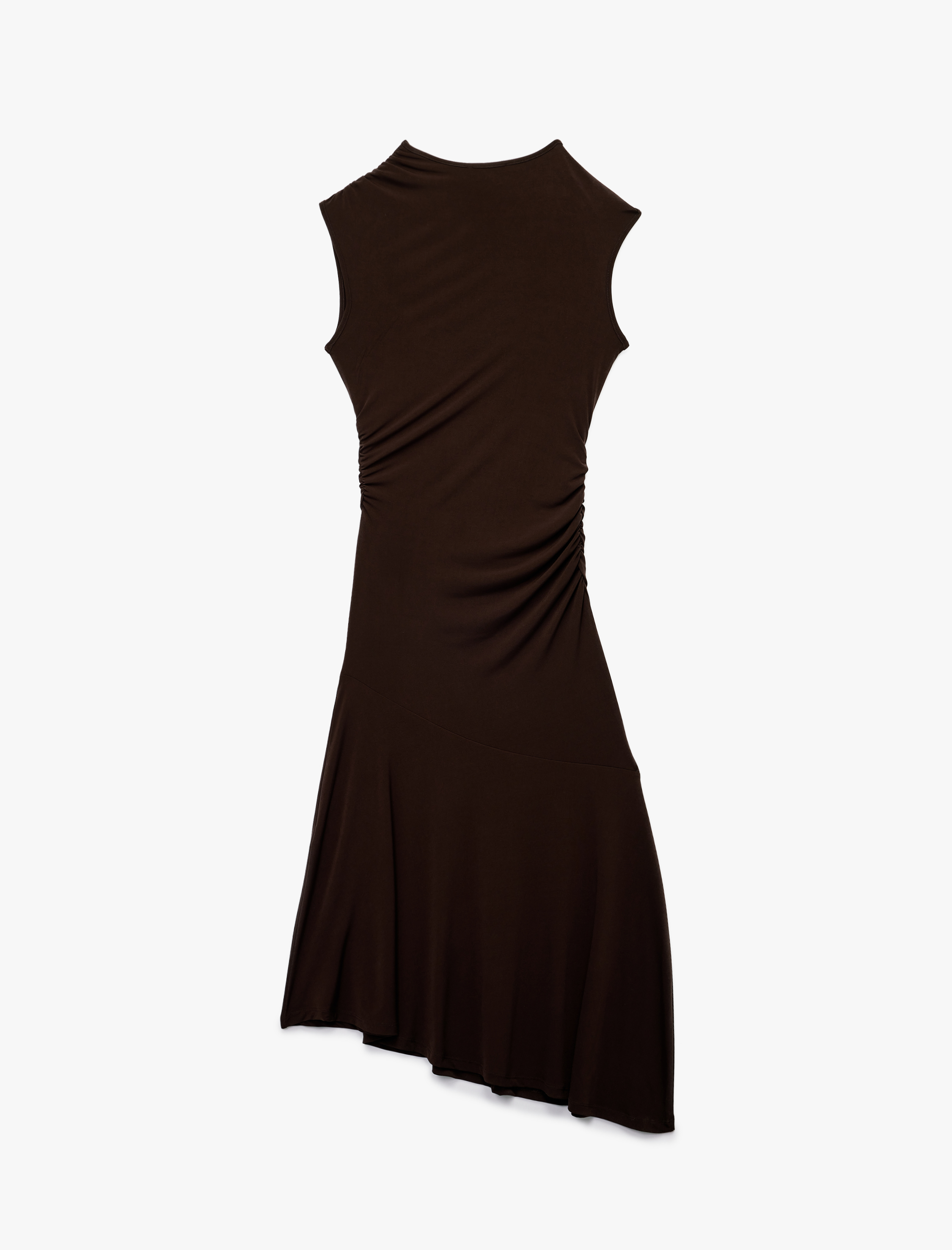   Sandy Kumaş Aksesuarlı Kolsuz Drapeli Asimetrik Kesim Uzun Elbise