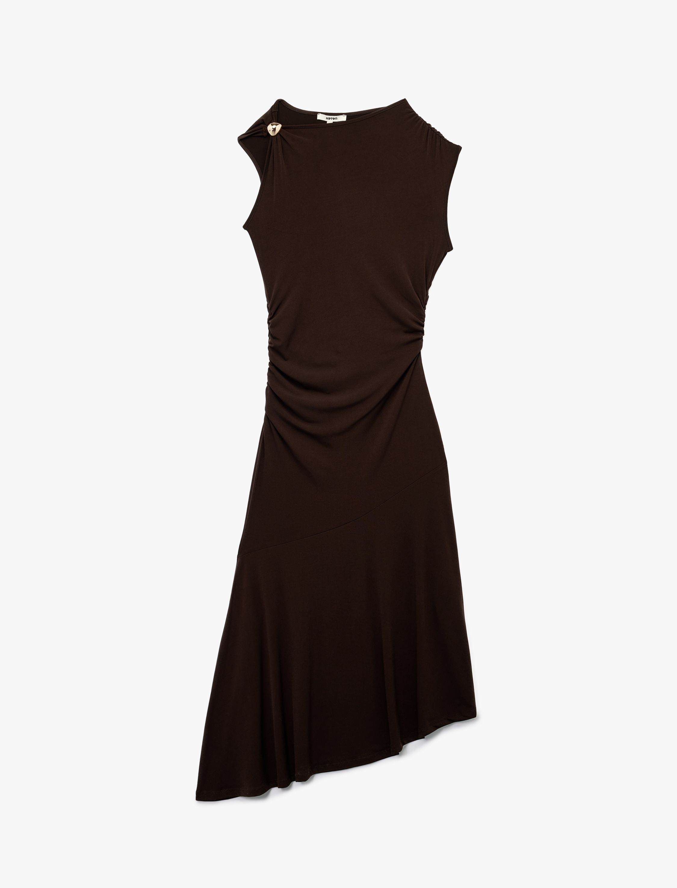   Sandy Kumaş Aksesuarlı Kolsuz Drapeli Asimetrik Kesim Uzun Elbise