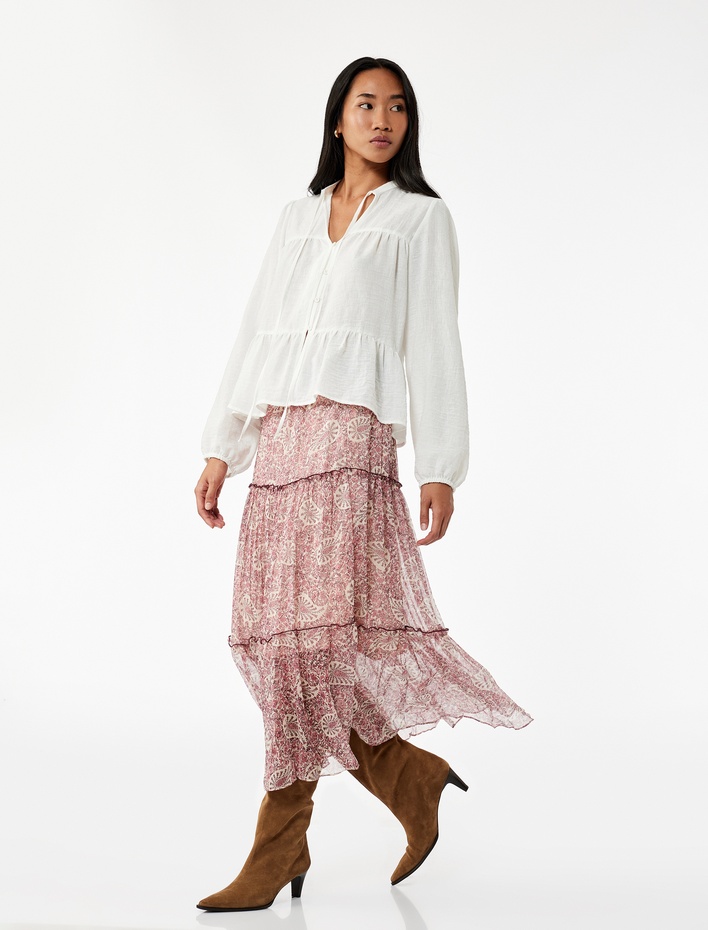  Astarlı Etnik Desenli Beli Lastikli Fırfırlı Midi Şifon Etek