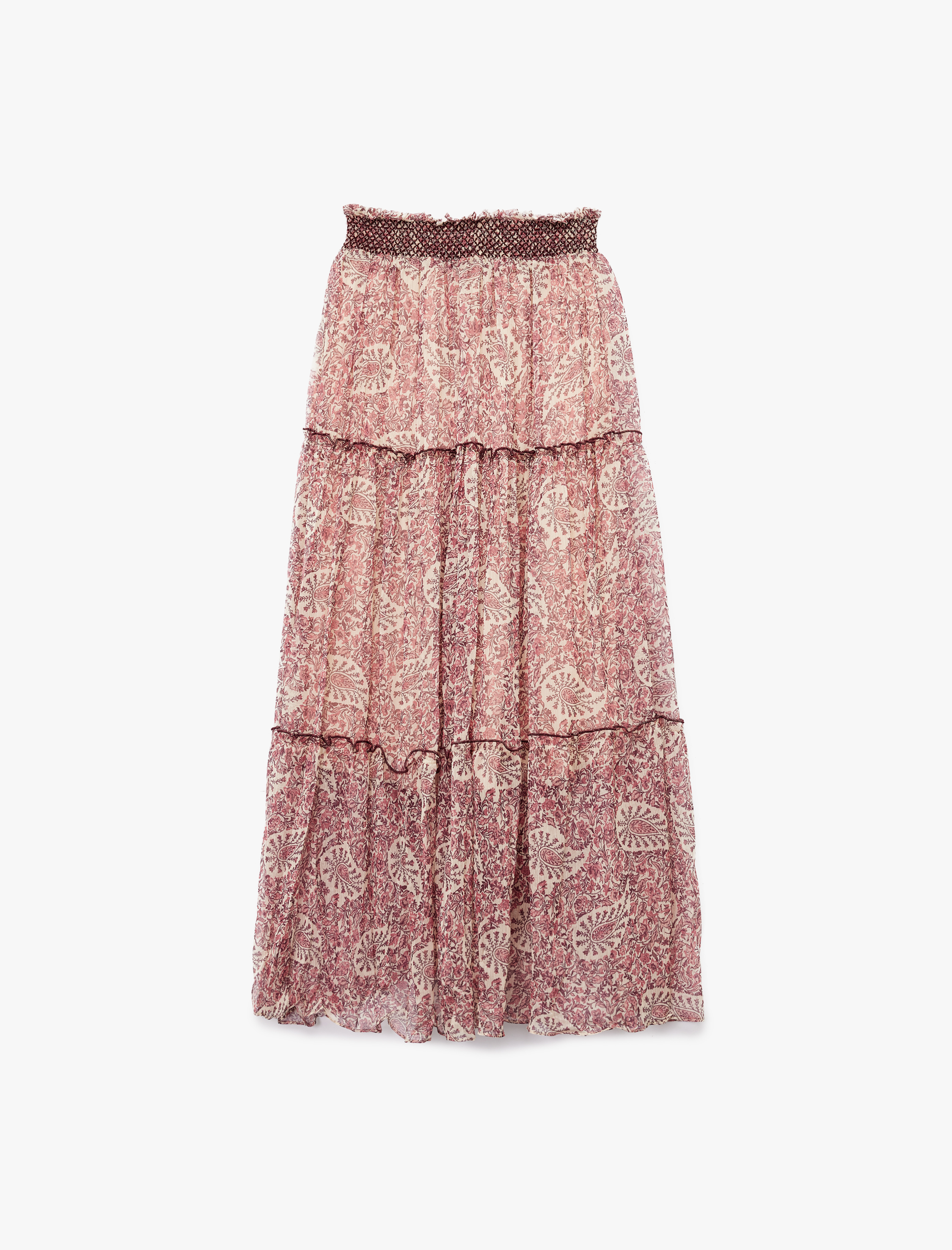   Astarlı Etnik Desenli Beli Lastikli Fırfırlı Midi Şifon Etek