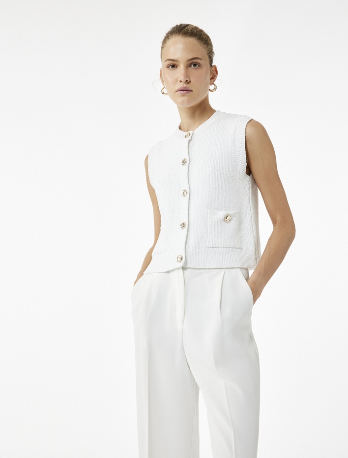  Gold Düğme Detaylı Cepli Kolsuz Bisiklet Yaka Triko Yelek