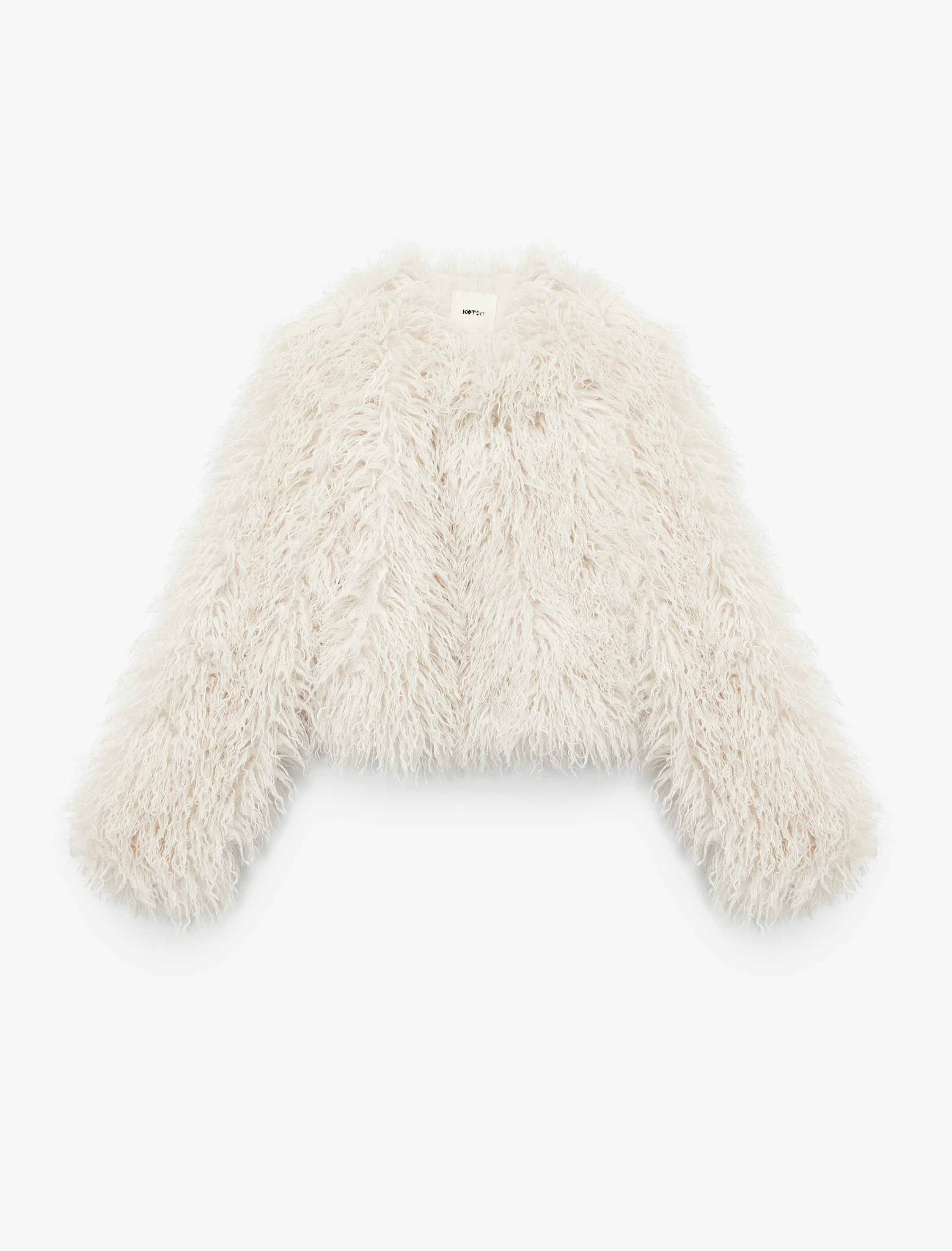 Koton X Sibil Çetinkaya - Uzun Kollu Gizli Cep Detaylı Bisiklet Yaka Suni Kürk Crop Ceket