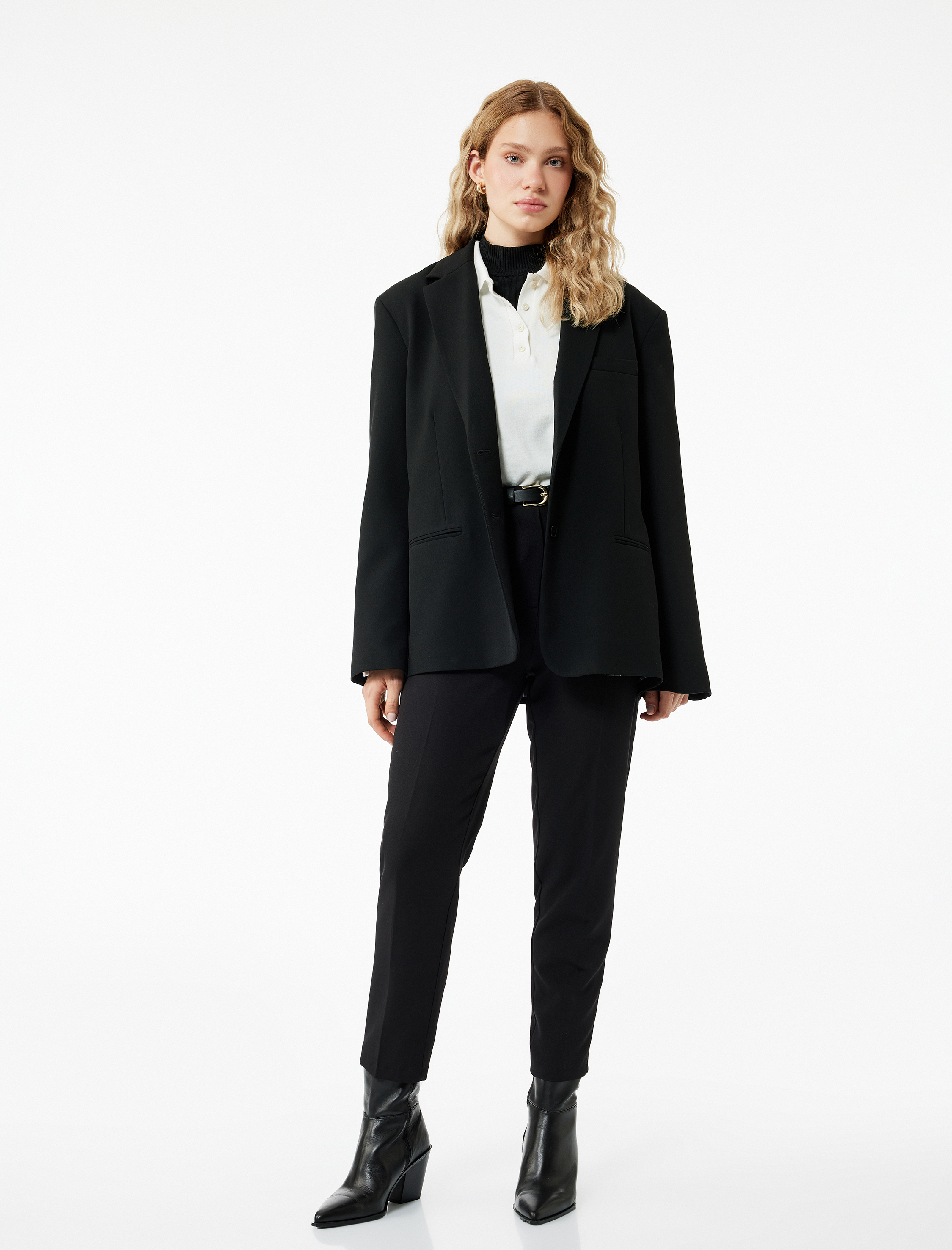   Slim Fit Yüksek Bel Kemerli Cigarette Kumaş Pantolon