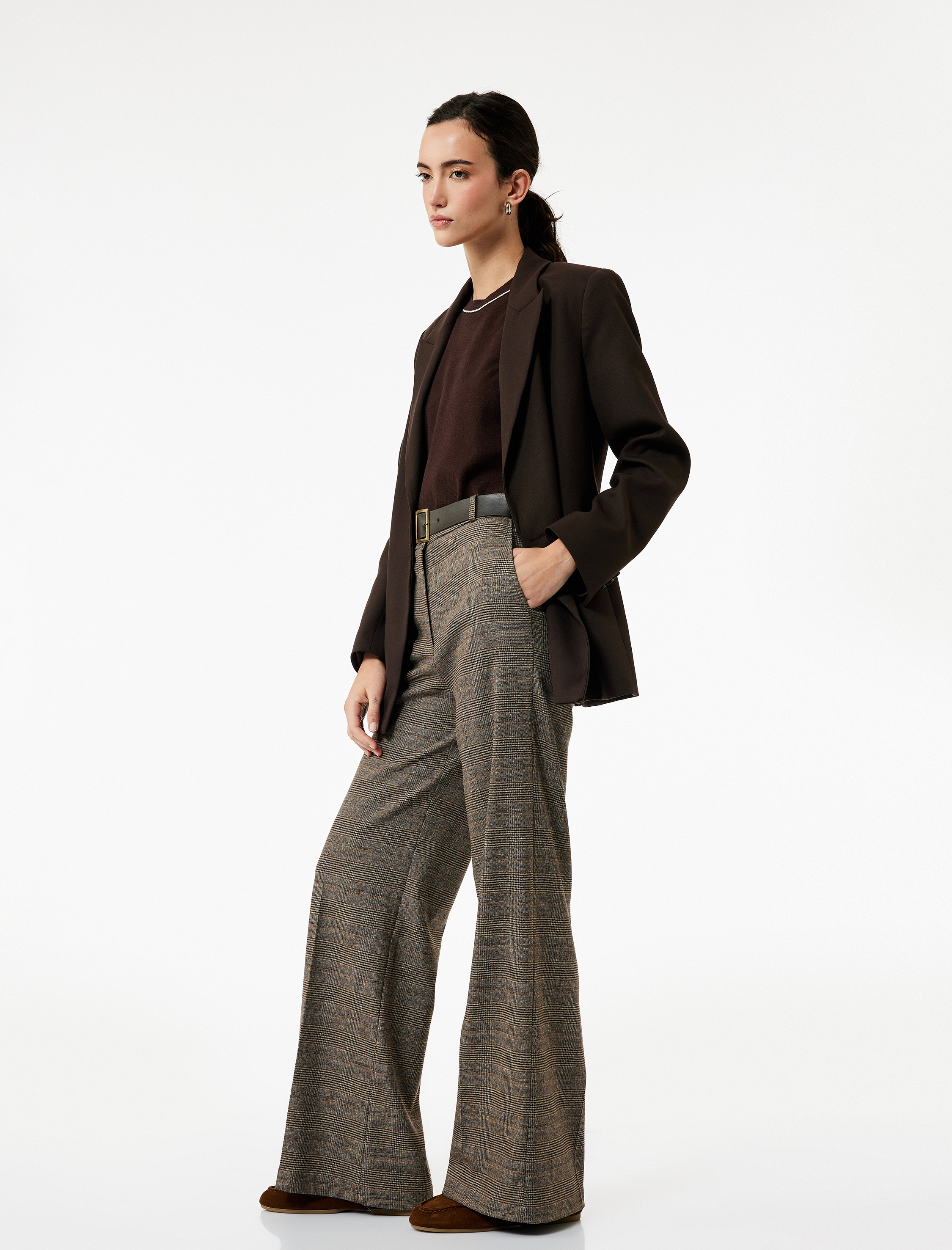   Normal Bel Cepli Kemerli Düz Geniş Paça Ekose Pantolon