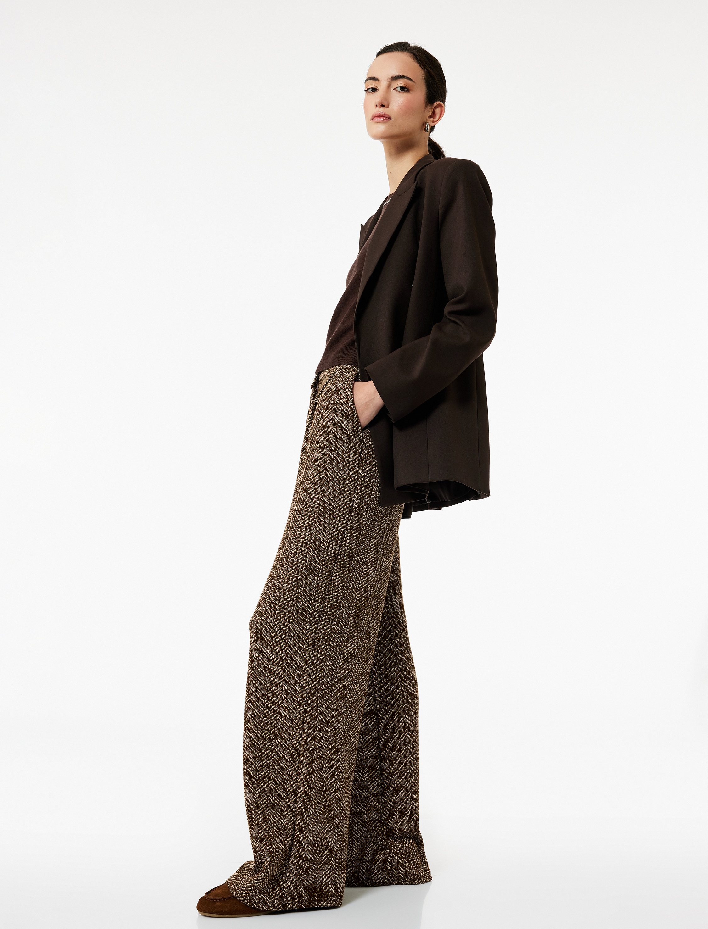   Cepli Pile Detaylı Desenli Geniş Paça Palazzo Pantolon