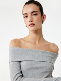 Kaşkorse Slim Fit Uzun Kollu Açık Omuz Tişört