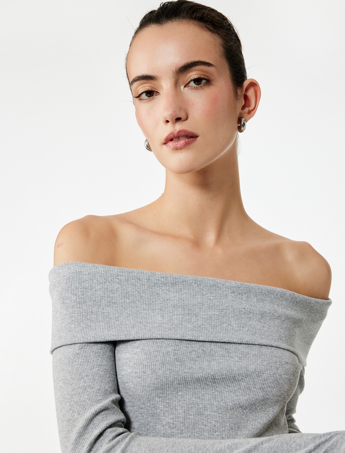  Kaşkorse Slim Fit Uzun Kollu Açık Omuz Tişört