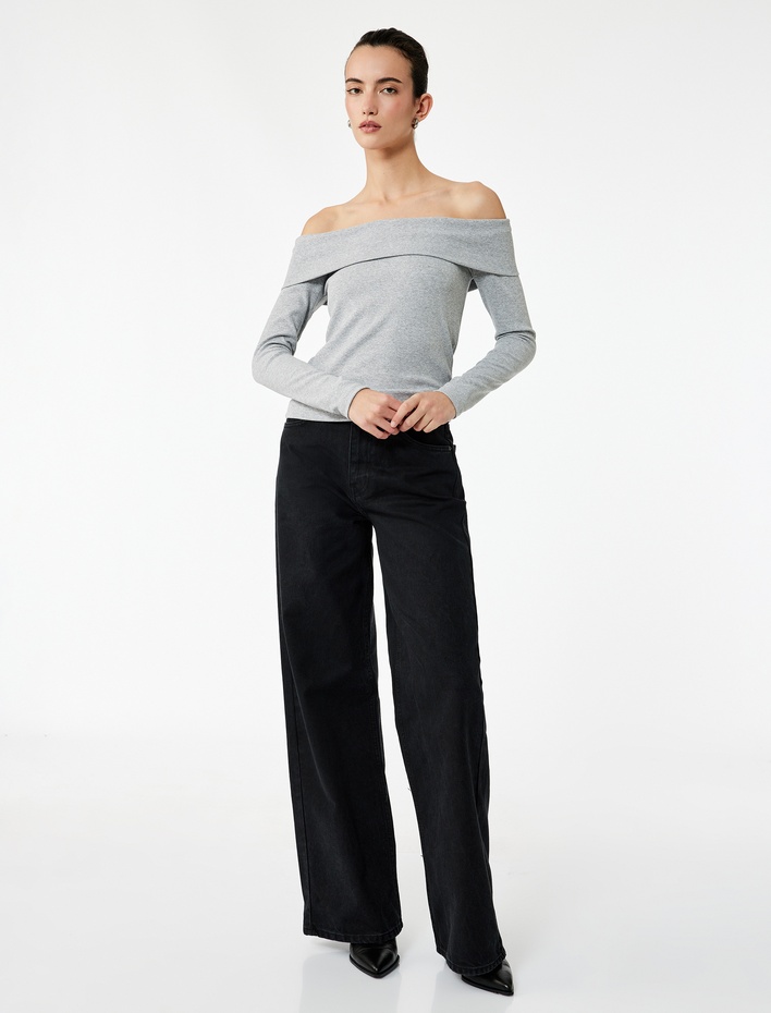  Kaşkorse Slim Fit Uzun Kollu Açık Omuz Tişört