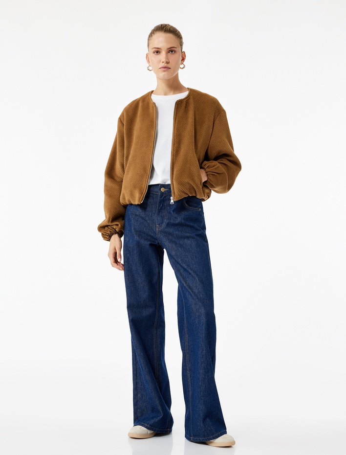  Uzun Kollu Fermuarlı Bisiklet Yaka Kadife Crop Bomber Ceket