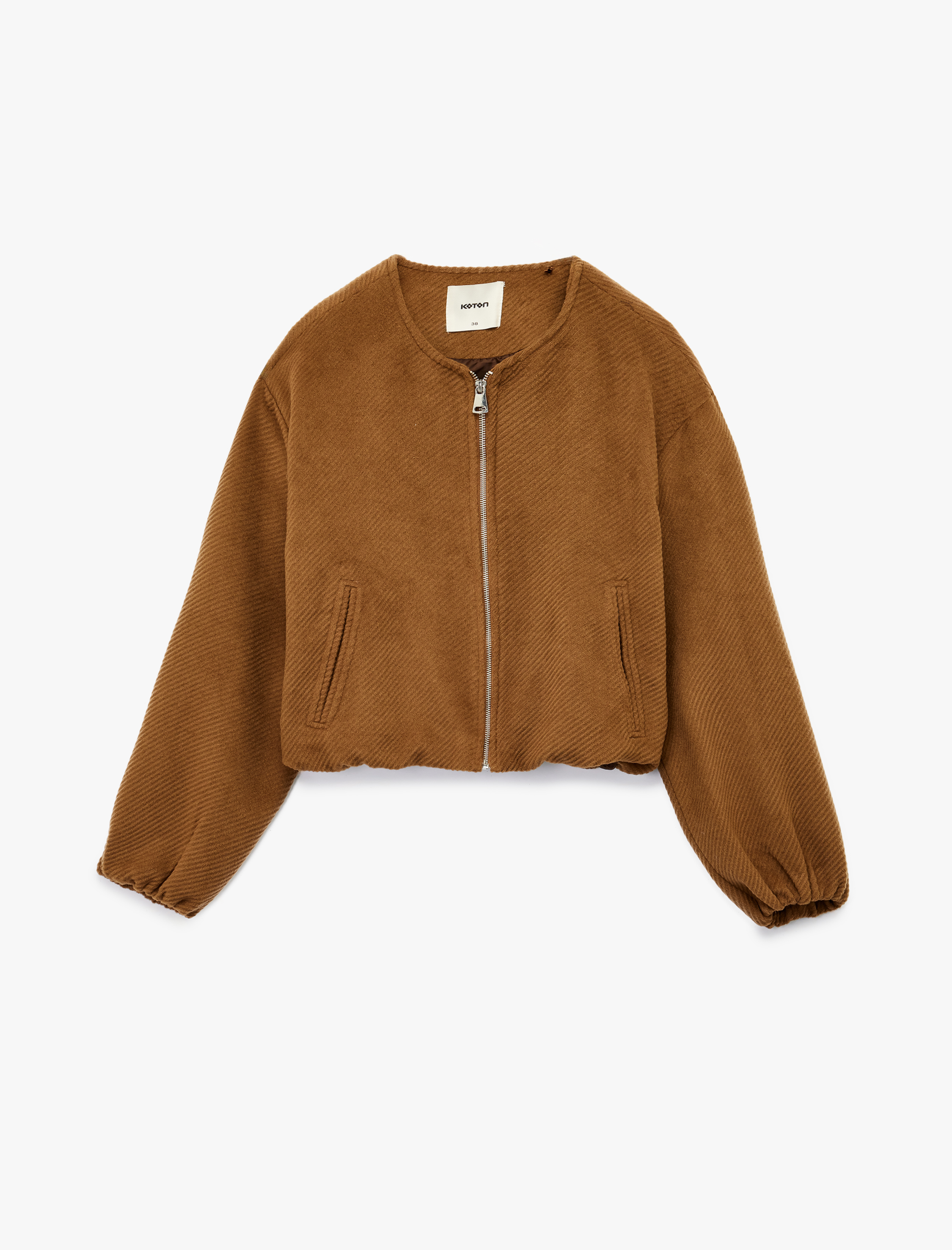   Uzun Kollu Fermuarlı Bisiklet Yaka Kadife Crop Bomber Ceket