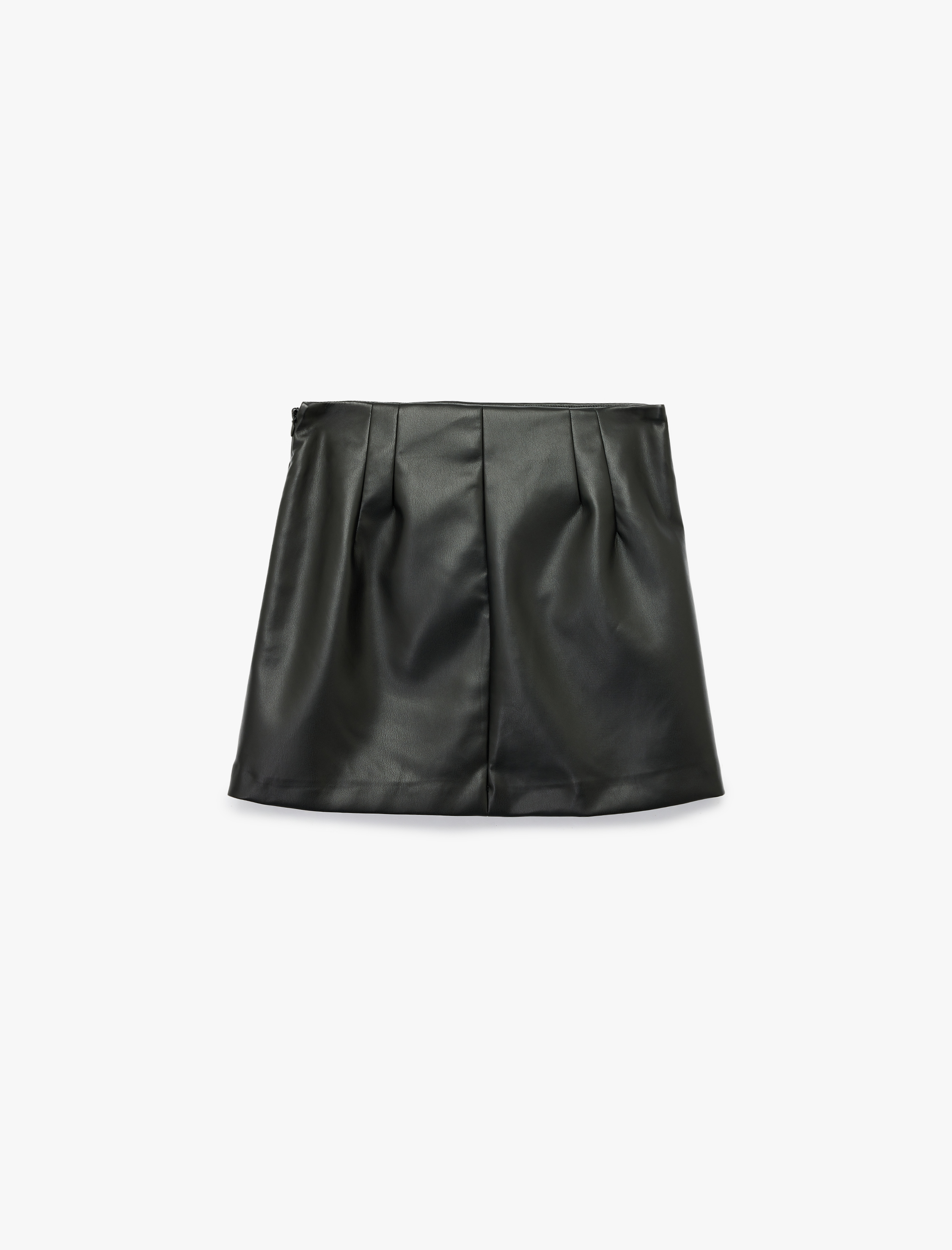   Drapeli Yırtmaçlı Suni Deri Mini Etek