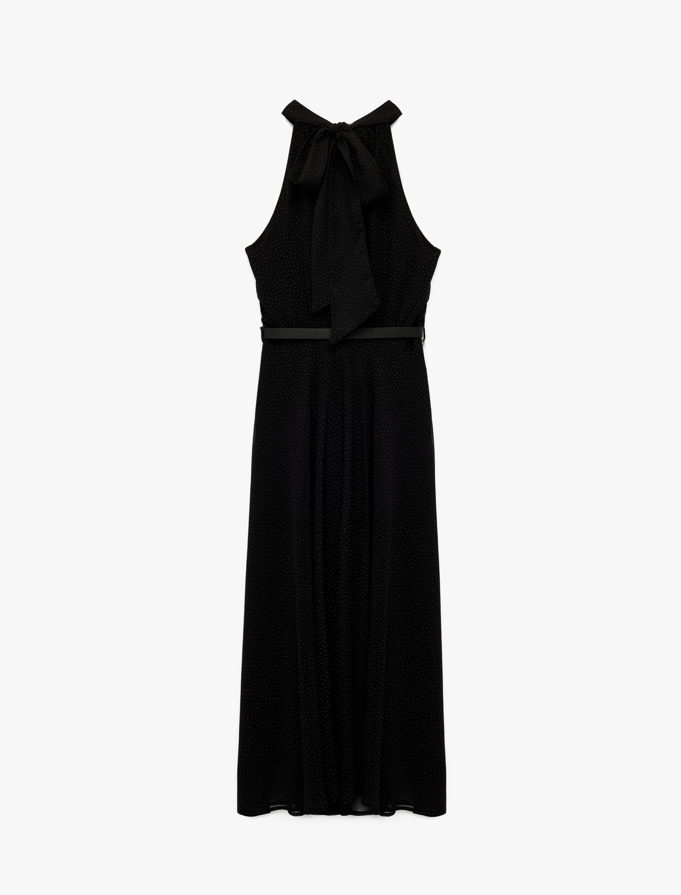   Puantiyeli Kemerli Halter Yaka Midi Boy Şifon Elbise