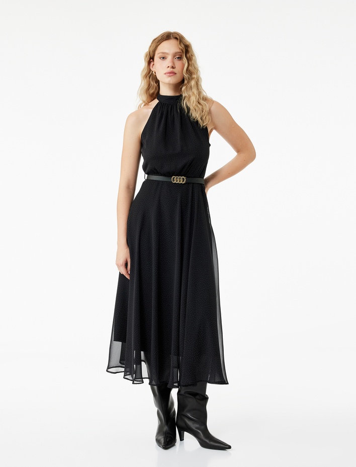  Puantiyeli Kemerli Halter Yaka Midi Boy Şifon Elbise