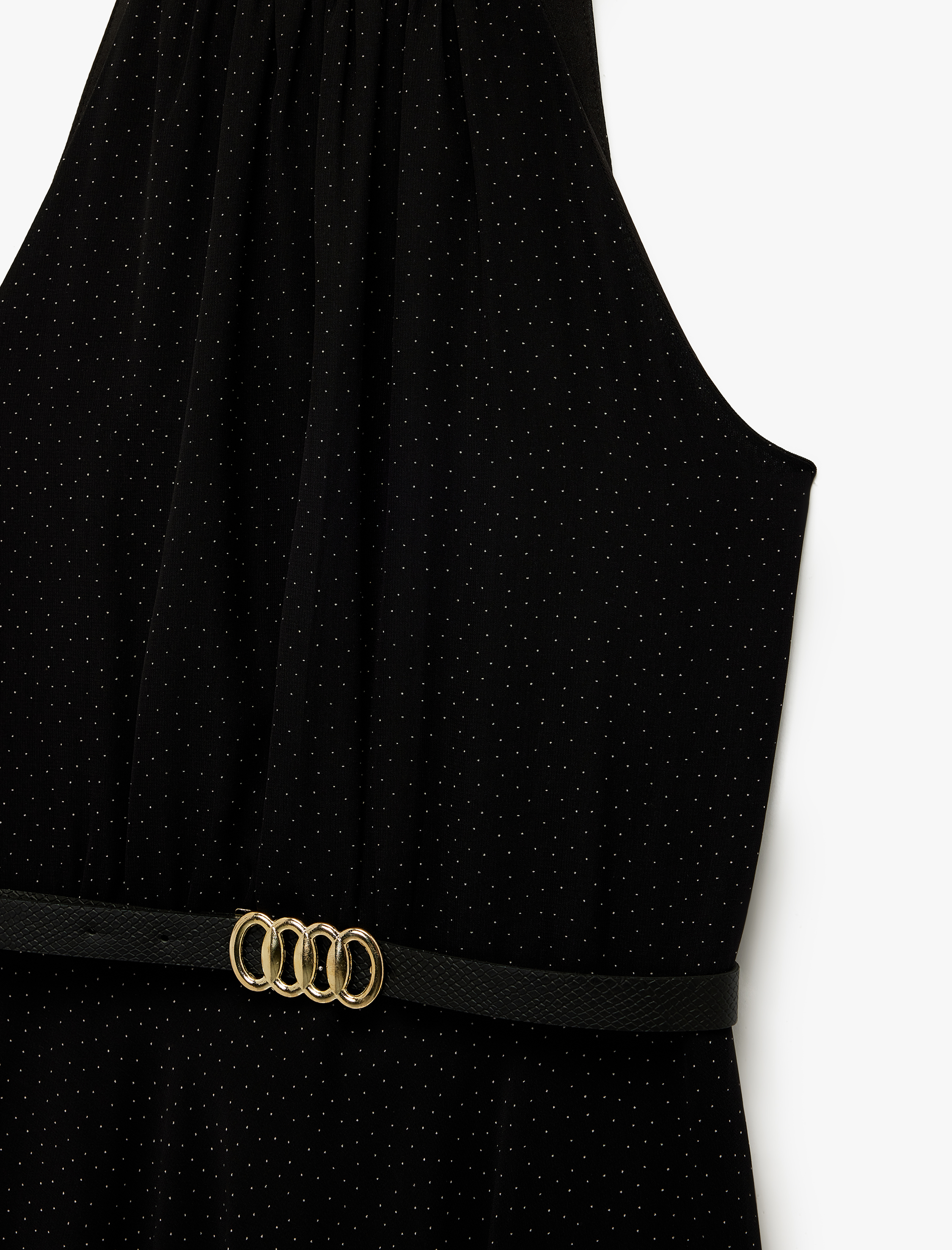   Puantiyeli Kemerli Halter Yaka Midi Boy Şifon Elbise