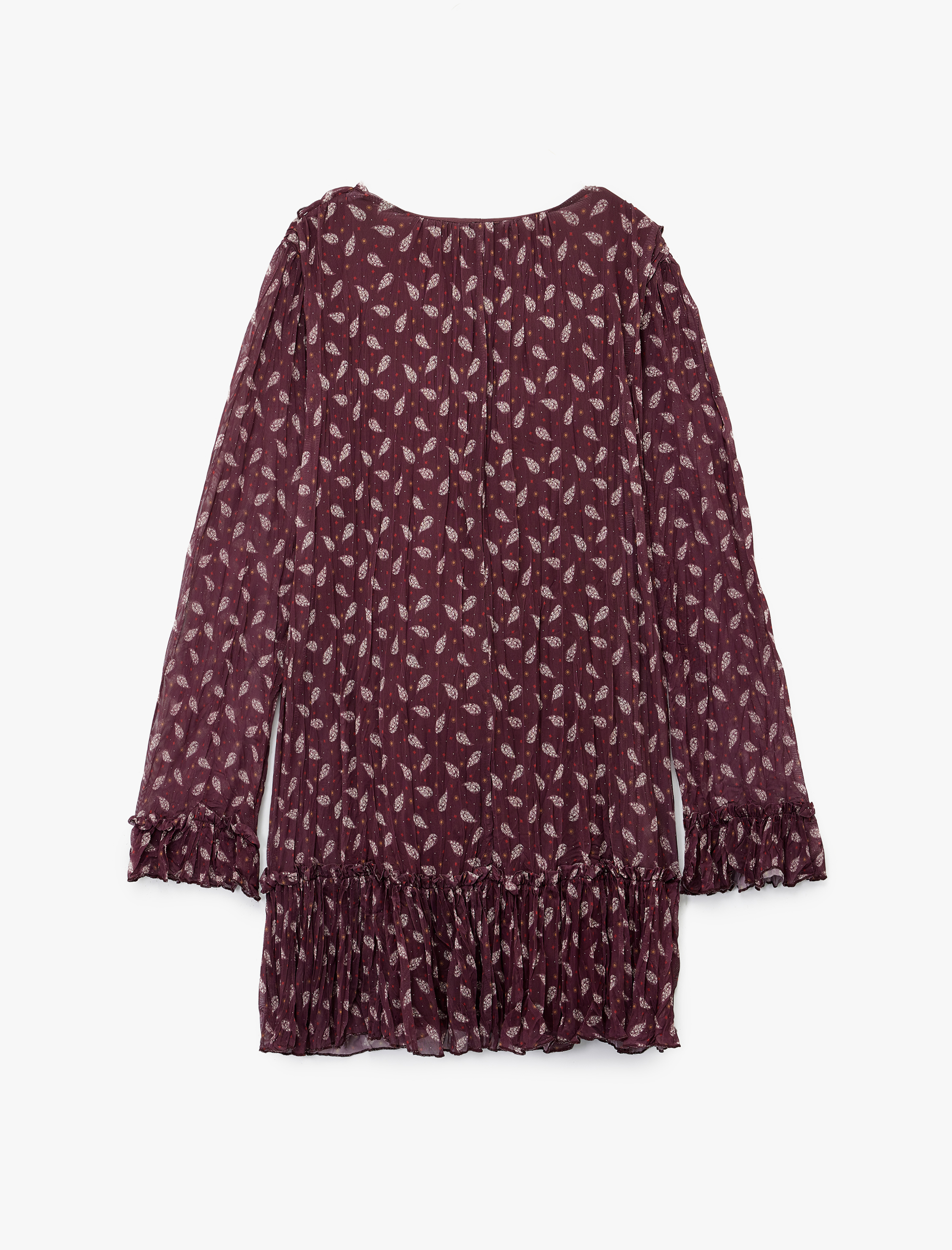   Etnik Desenli Fırfır Detaylı Uzun Kollu V Yaka Mini Elbise