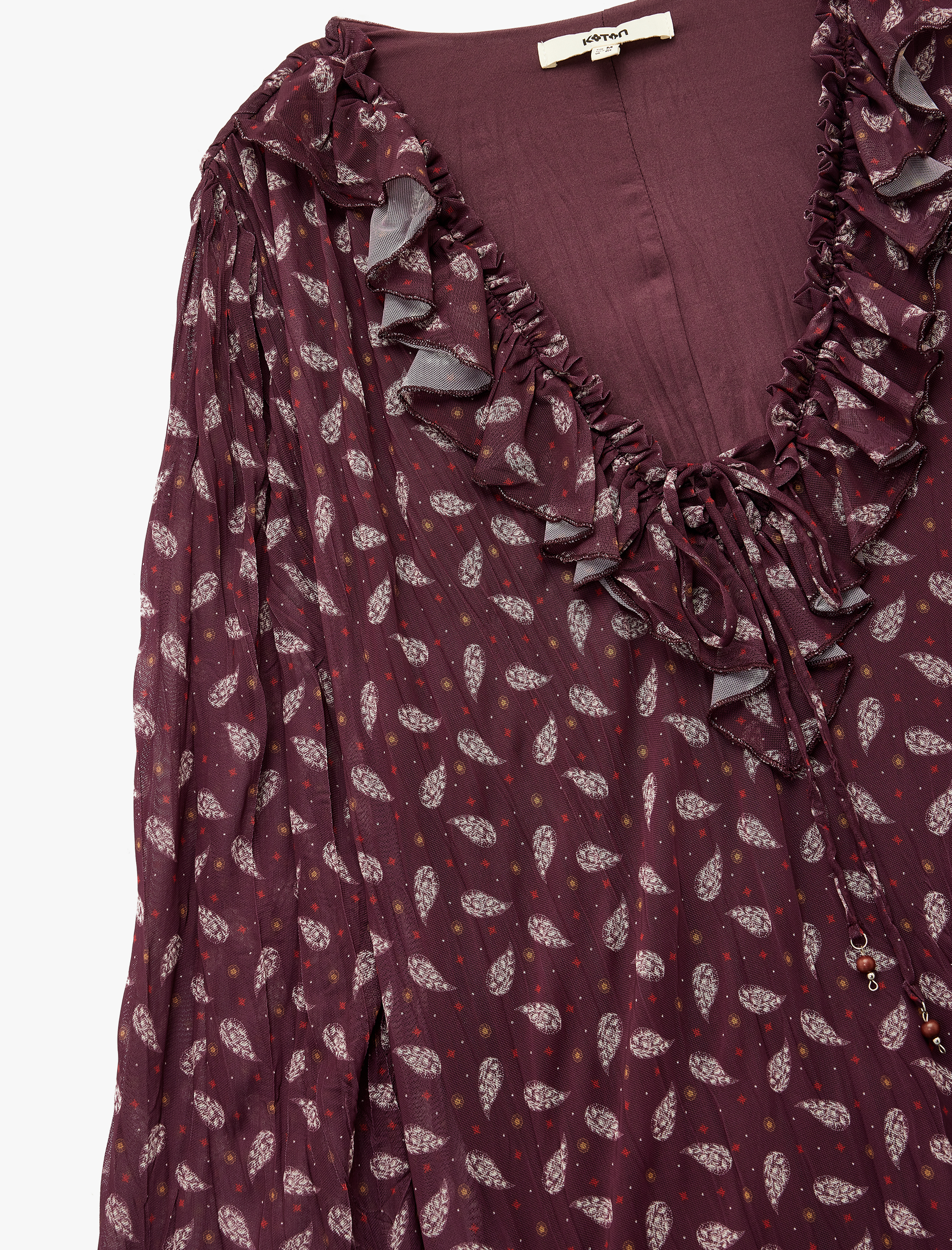   Etnik Desenli Fırfır Detaylı Uzun Kollu V Yaka Mini Elbise