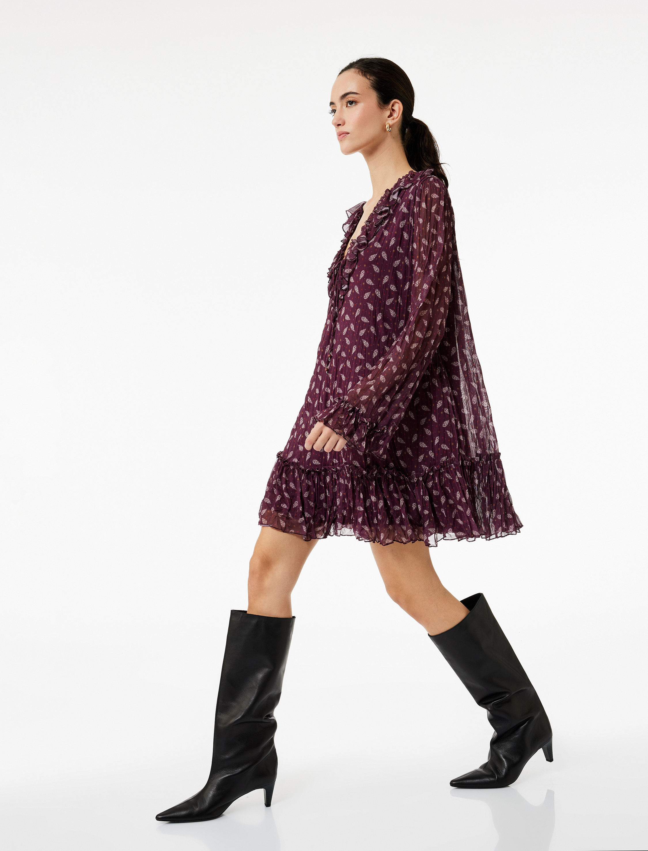   Etnik Desenli Fırfır Detaylı Uzun Kollu V Yaka Mini Elbise