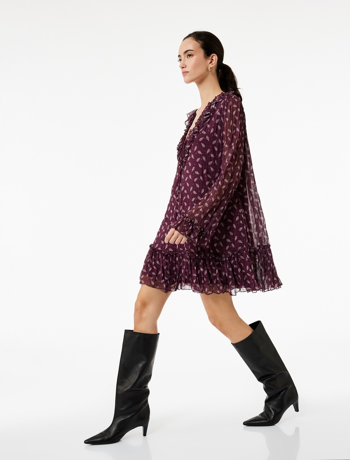  Etnik Desenli Fırfır Detaylı Uzun Kollu V Yaka Mini Elbise