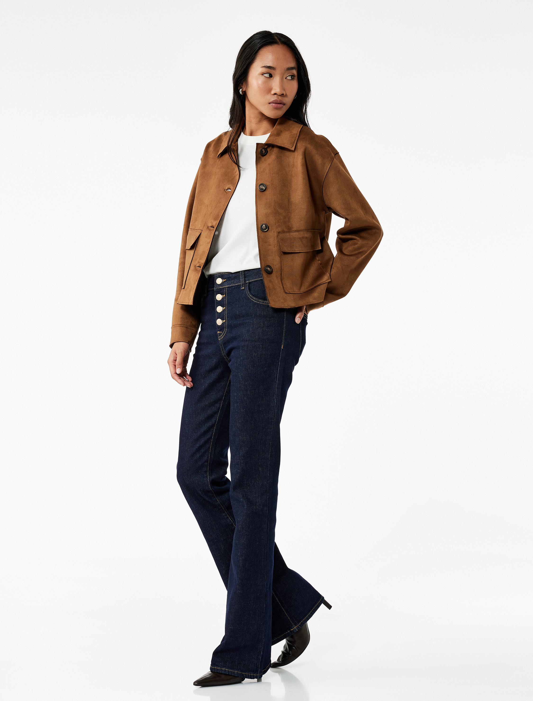   Klasik Gömlek Yaka Düğmeli Cepli Uzun Kollu Crop Suni Süet Ceket