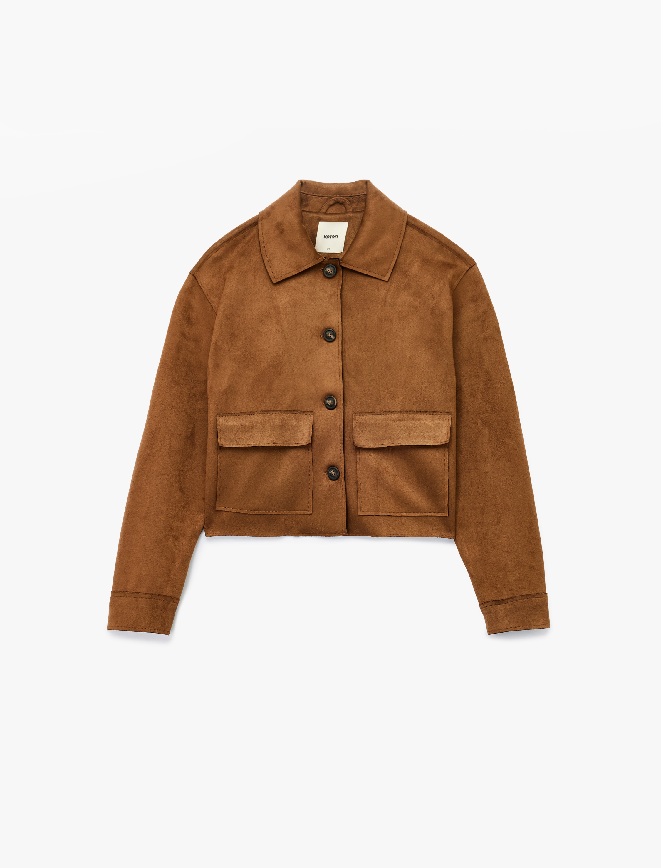   Klasik Gömlek Yaka Düğmeli Cepli Uzun Kollu Crop Suni Süet Ceket