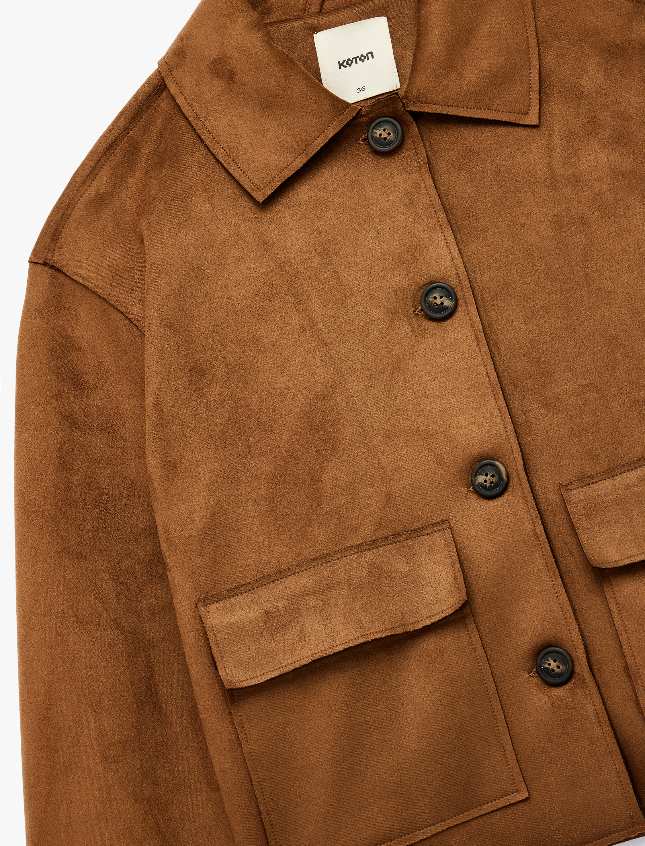   Klasik Gömlek Yaka Düğmeli Cepli Uzun Kollu Crop Suni Süet Ceket