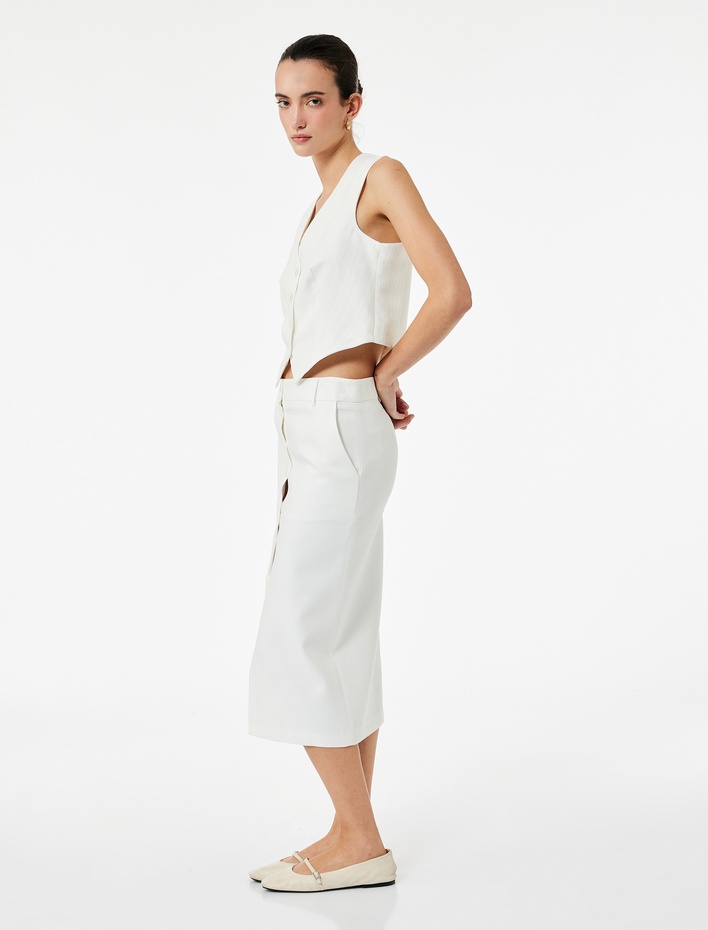  Standart Bel Cepli Yırtmaç Detaylı Midi Düğmeli Kalem Etek