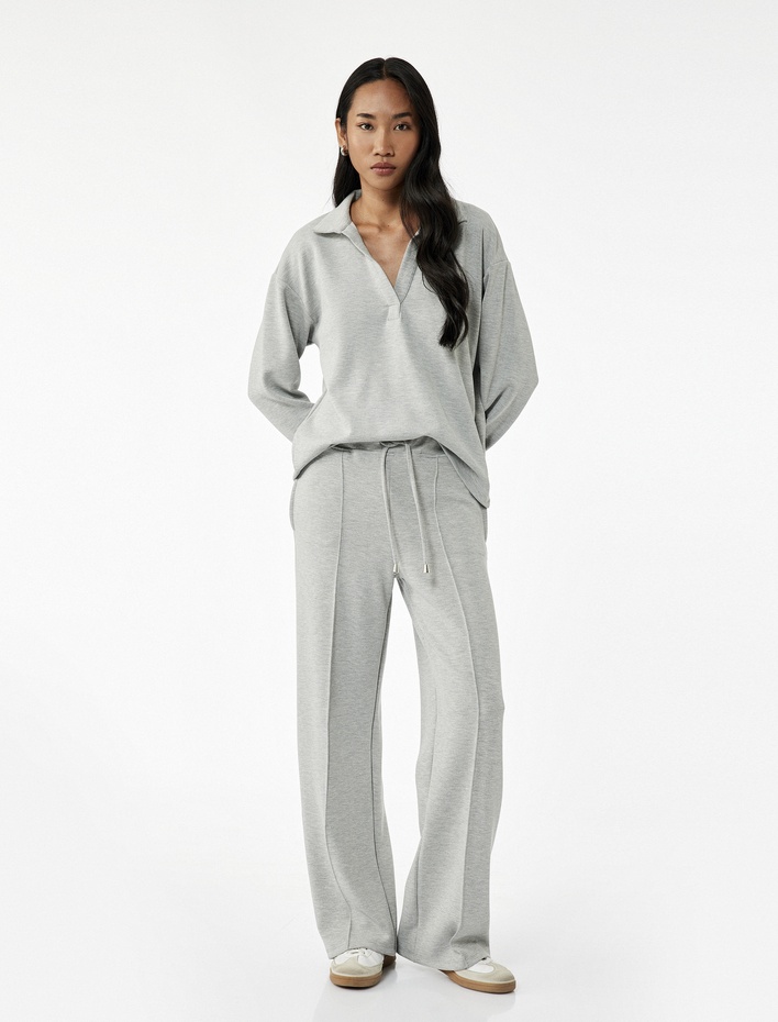  Modal Karışımlı Cepli Beli Bağlamalı Nervürlü Uzun Eşofman Altı