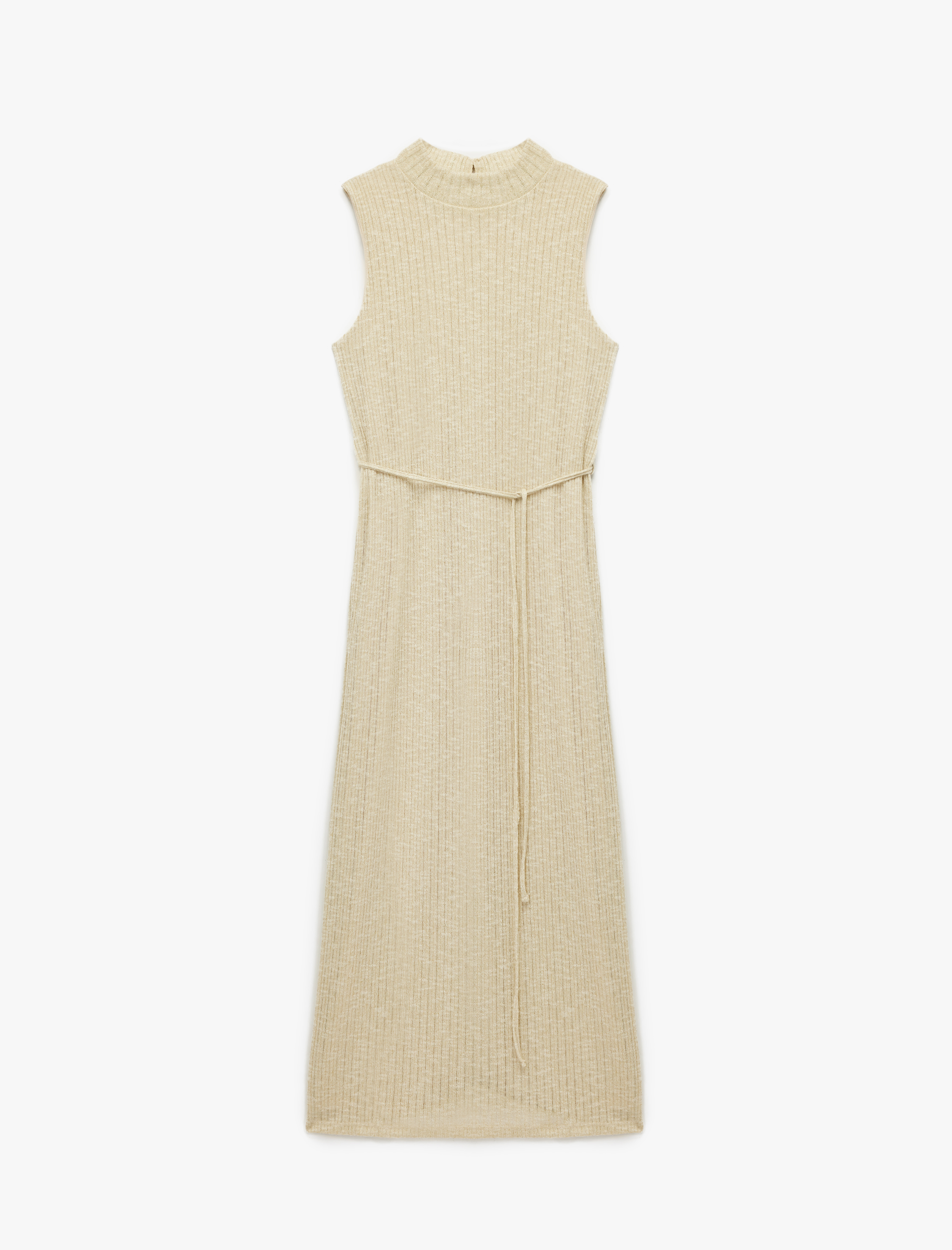   Slim Fit Parıltılı Kemerli Kolsuz Dik Yaka Midi Boy Kalem Elbise